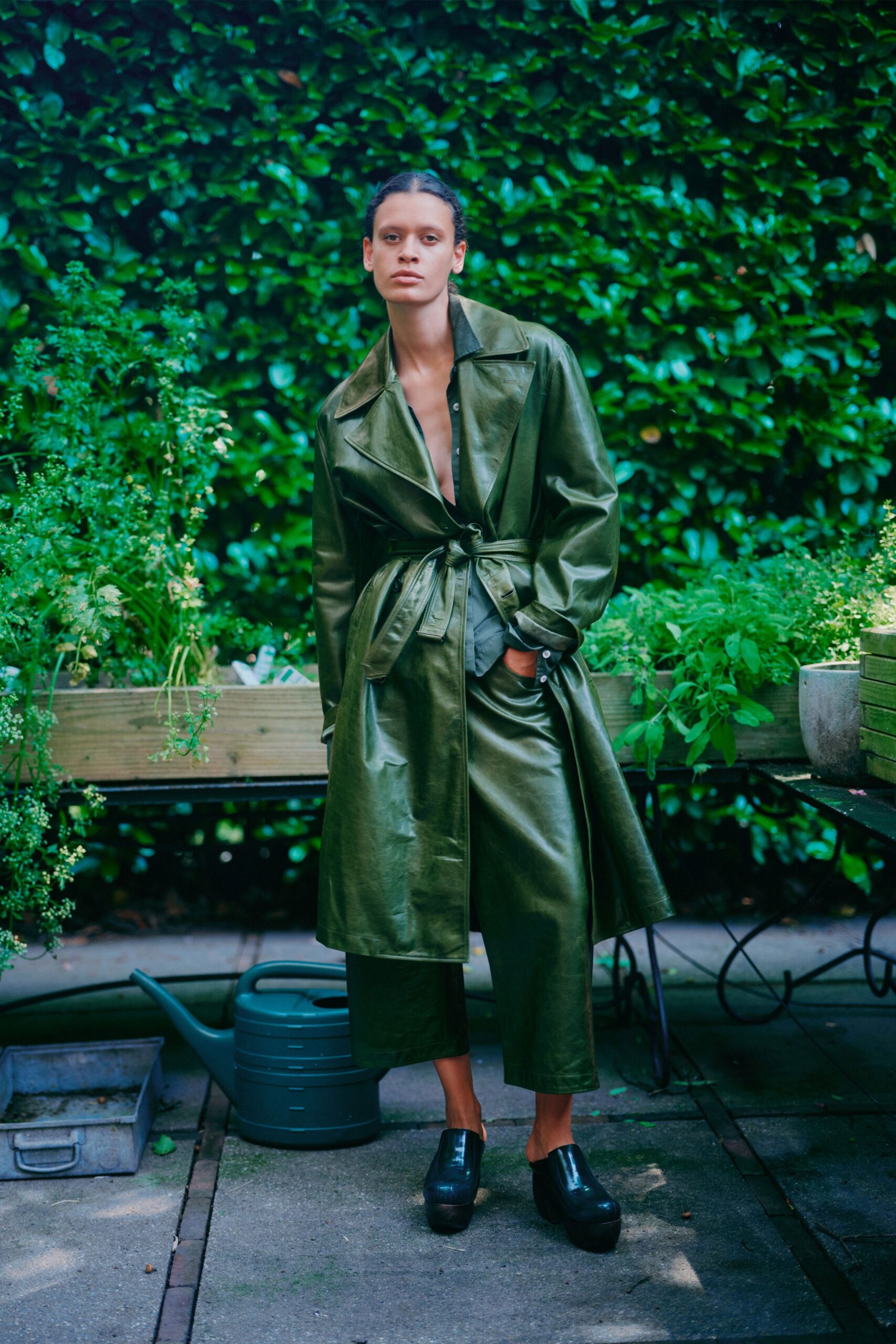 green leather long-sleeve collared fitted belted midi trench