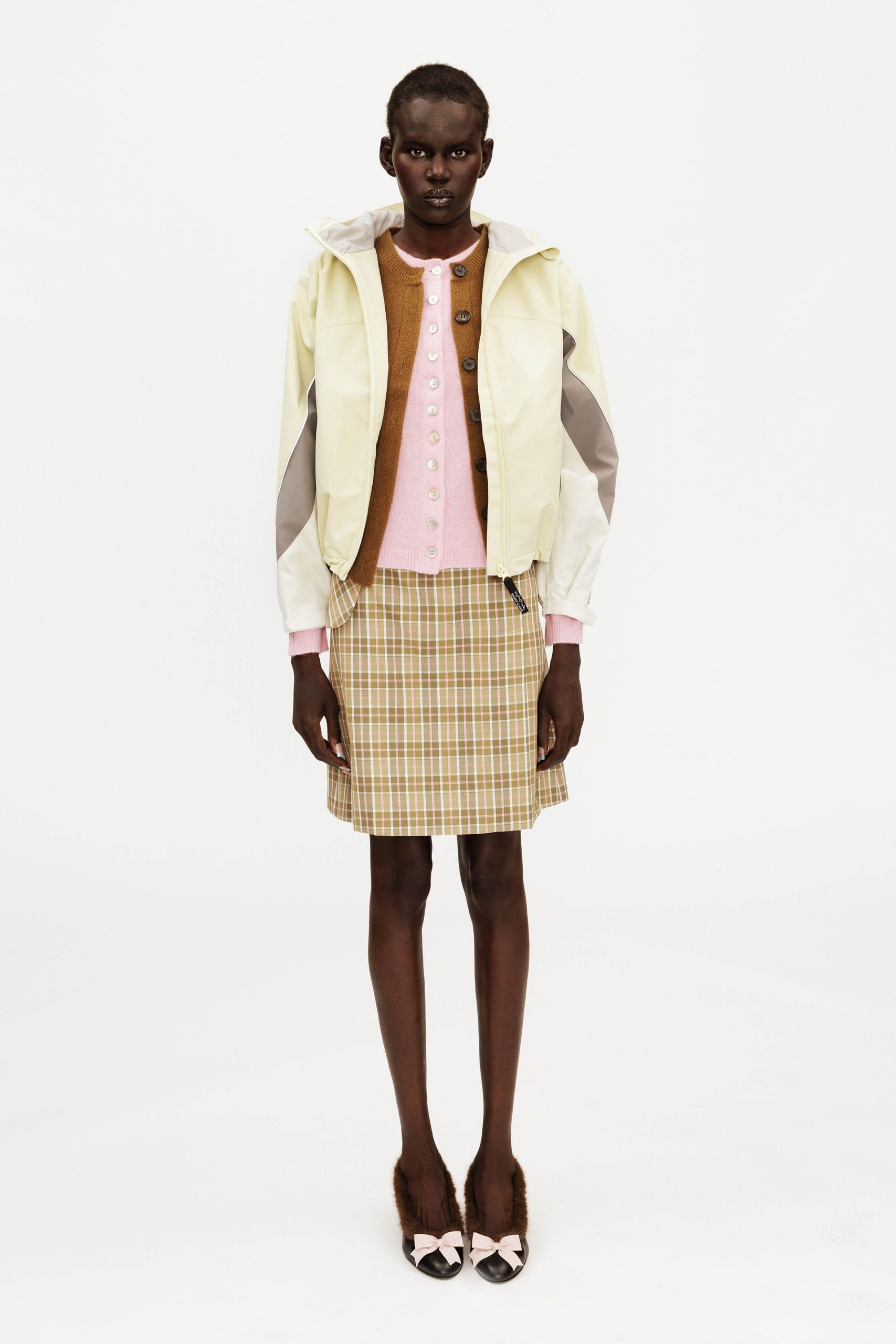 beige cotton fitted checked mini skirt