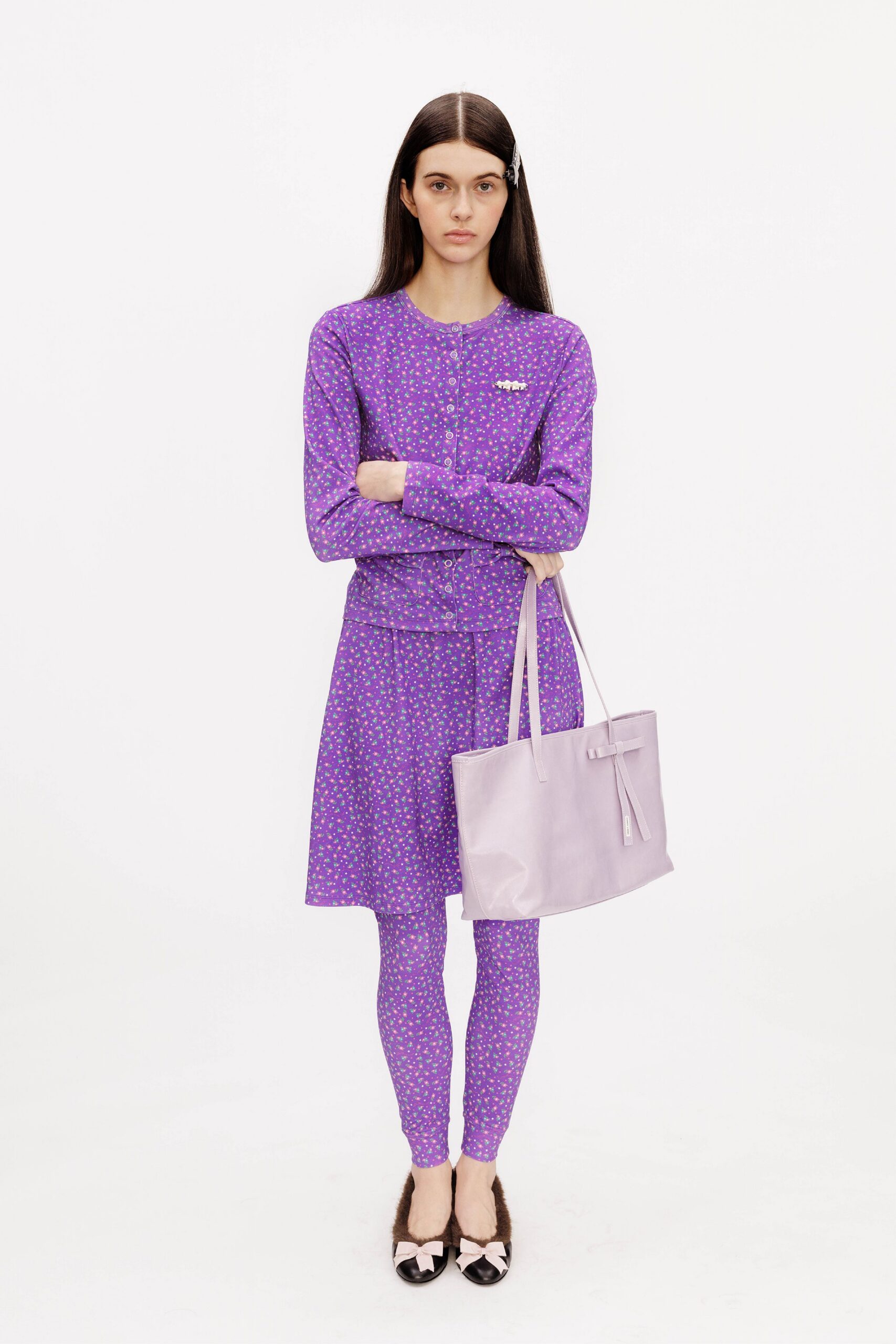 purple cotton long-sleeve collared fitted printed top