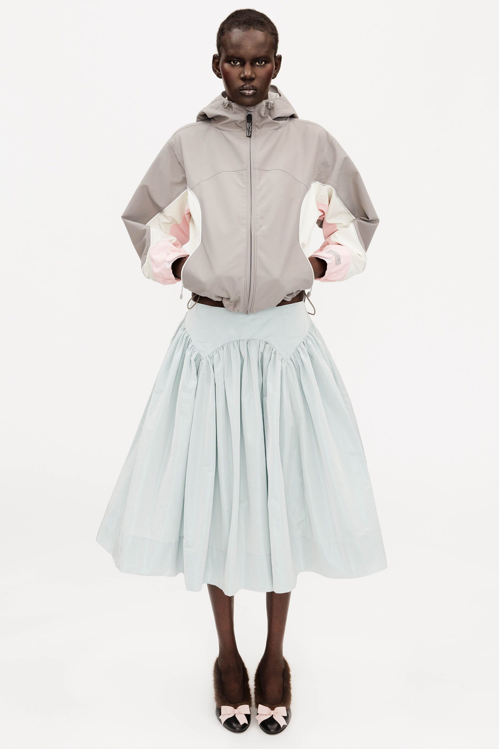 blue cotton fitted high-waisted pleated midi skirt