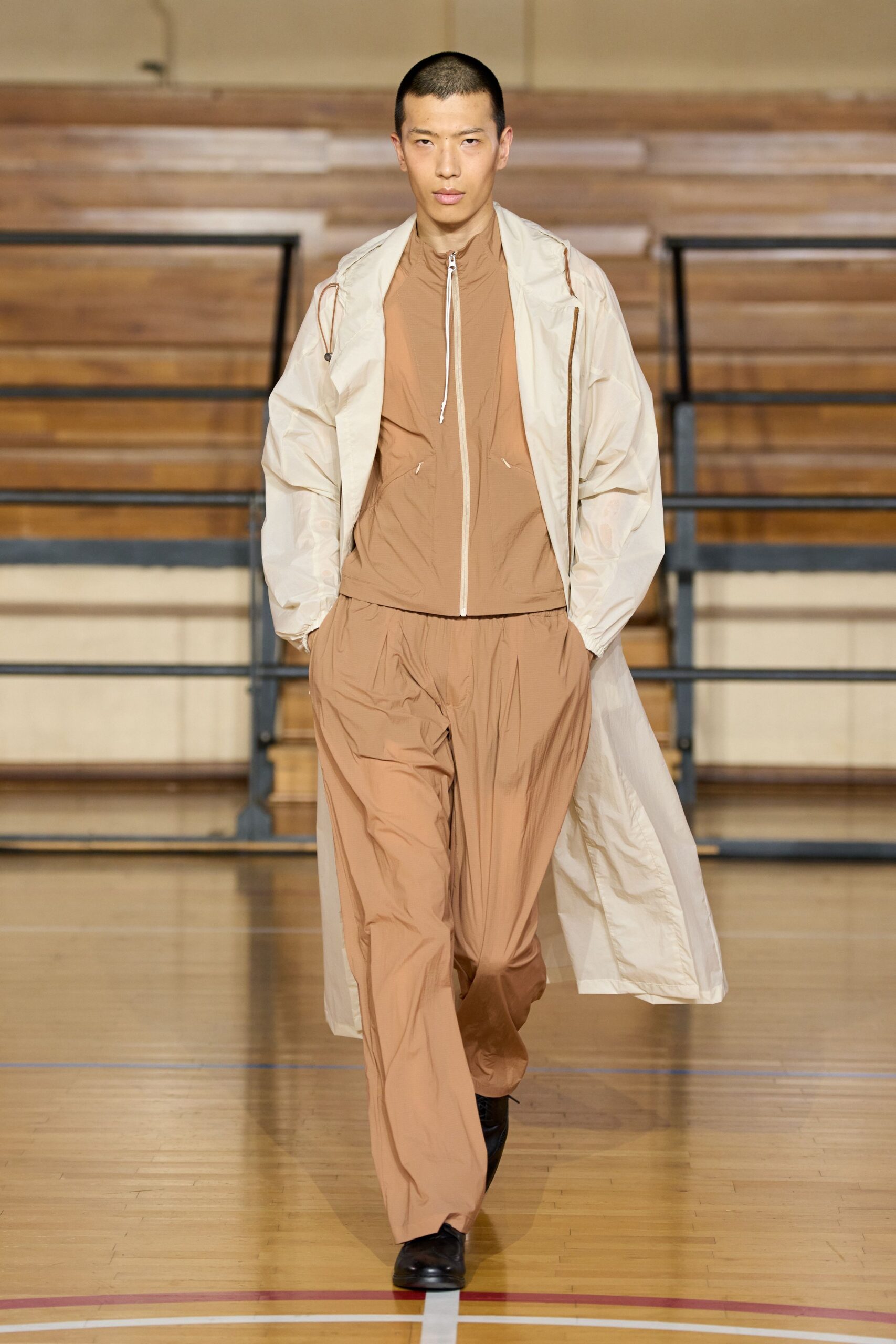 beige vinyl long-sleeve collared relaxed zippered maxi coat