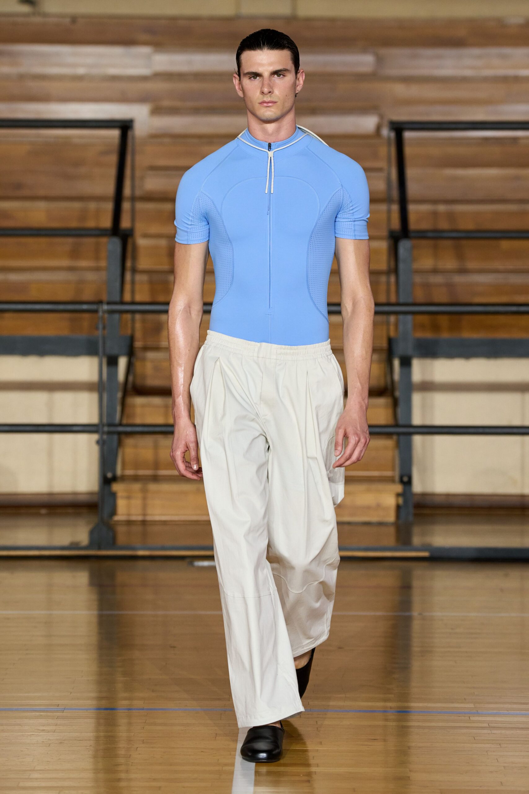 blue cotton short-sleeve high-neck fitted zippered top