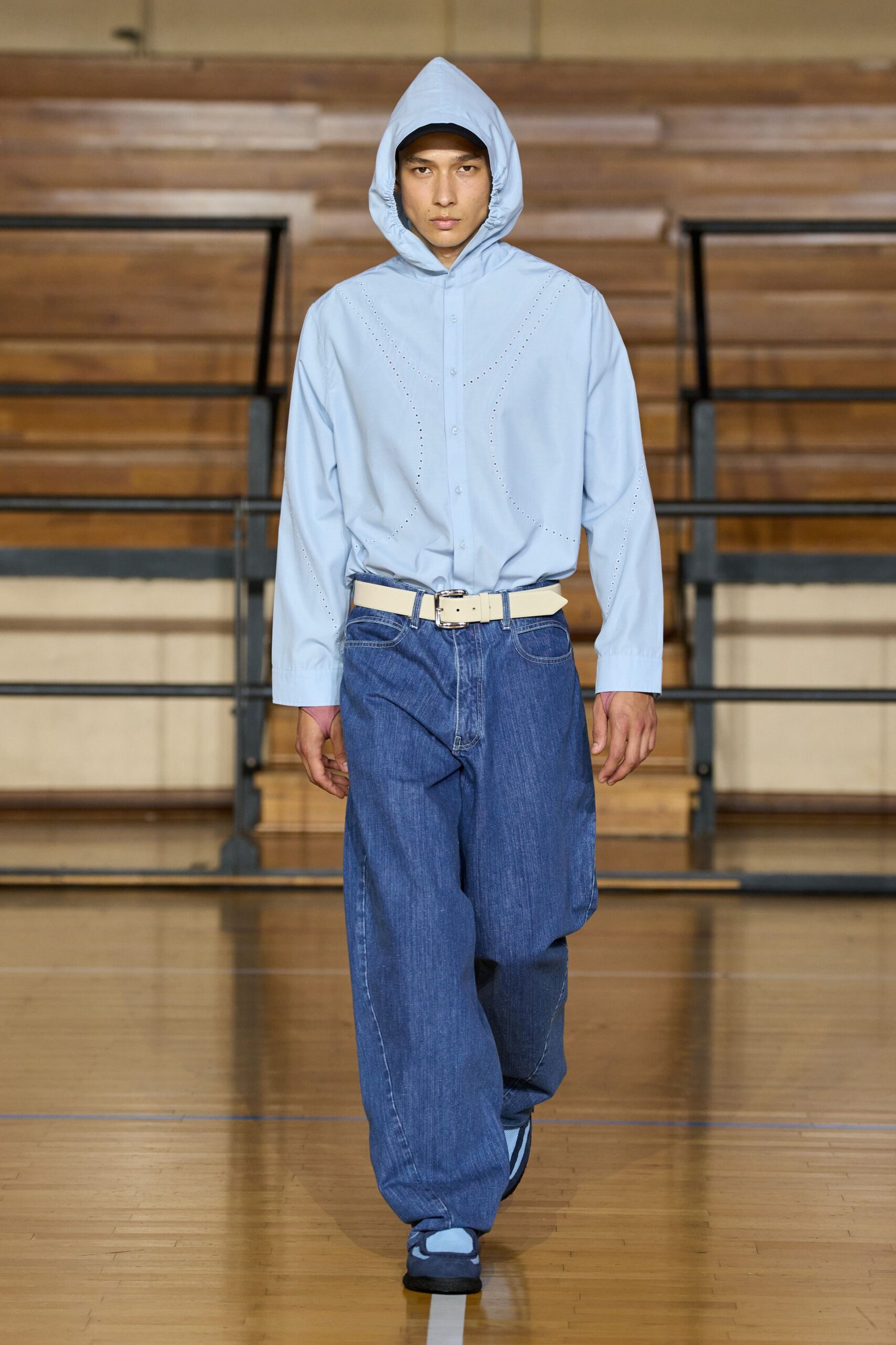 blue hooded shirt with wide-leg jeans