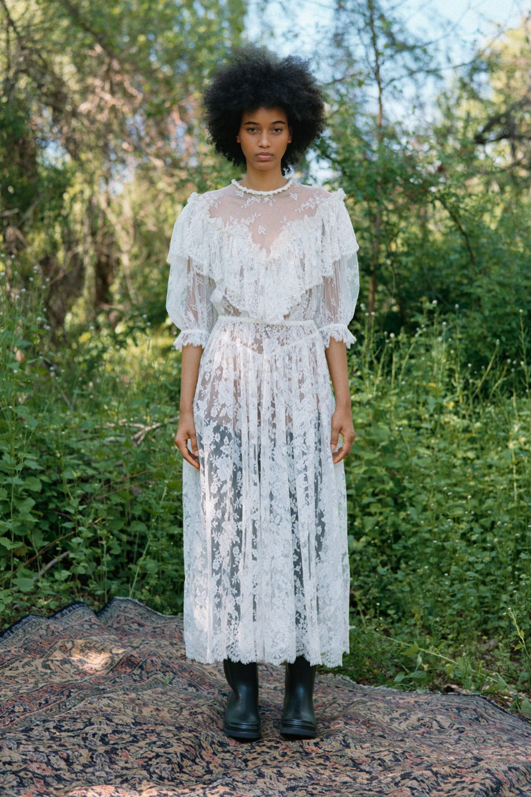 white lace long-sleeve high-neck fitted ruffled tiered dress