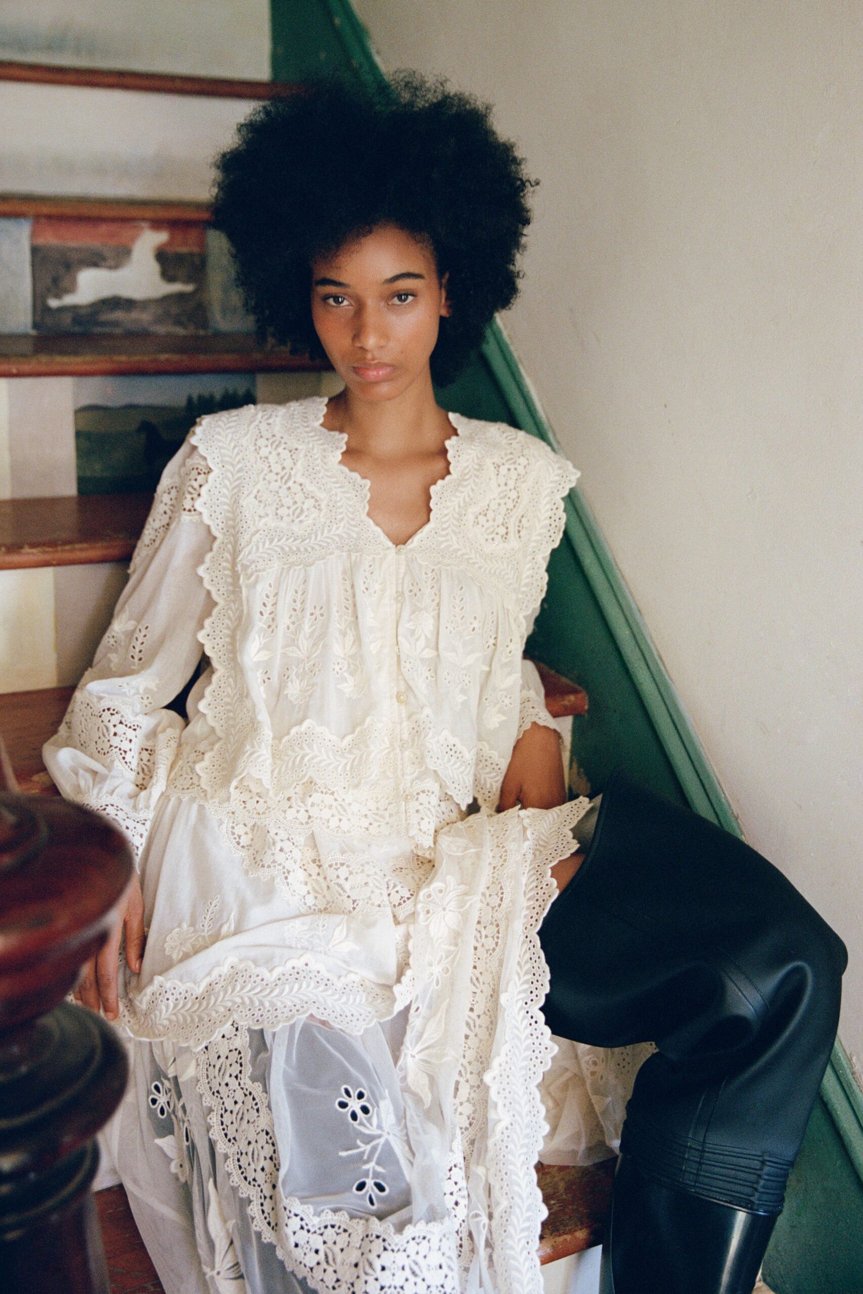 white cotton long-sleeve collared relaxed embroidered layered dress