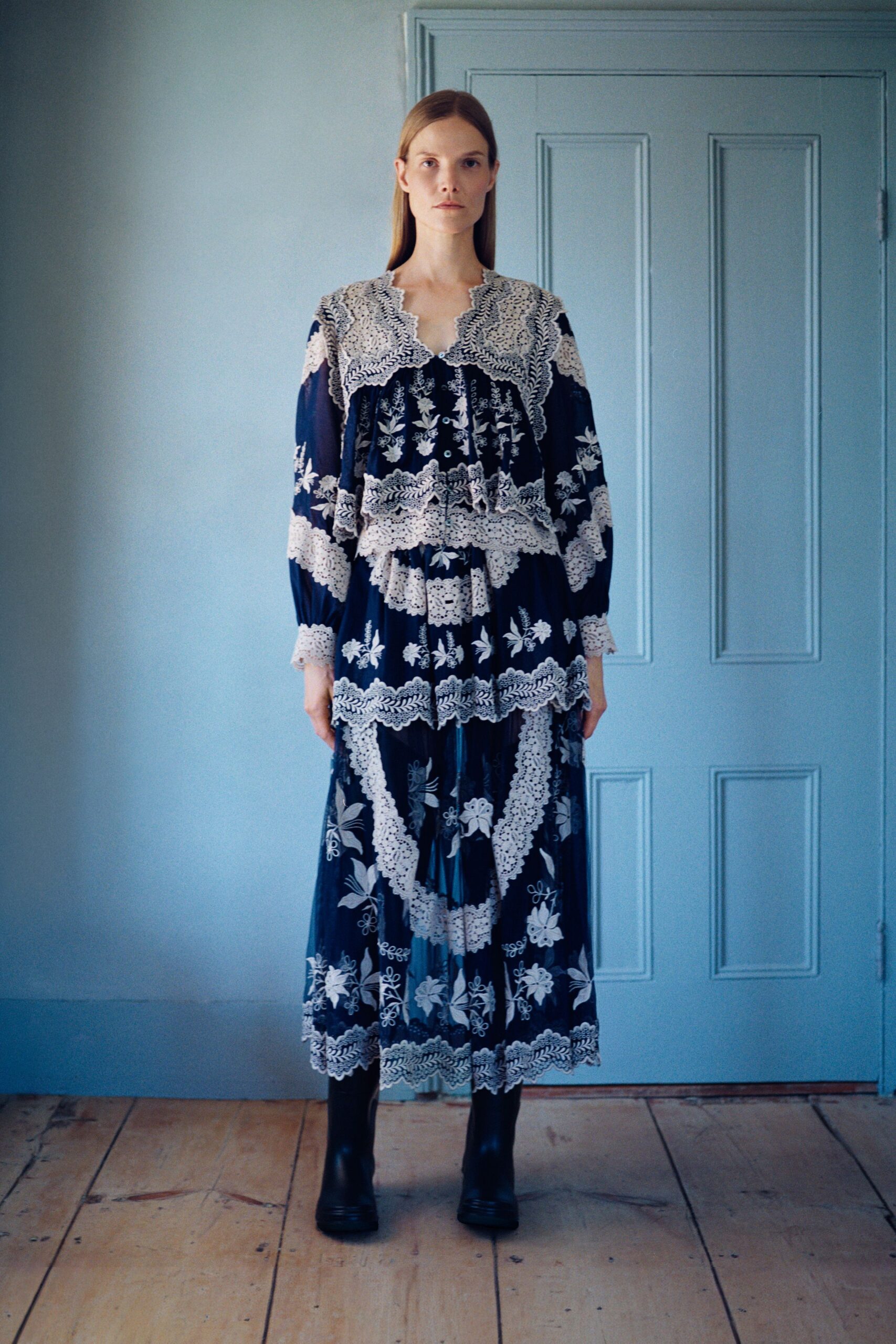blue cotton long-sleeve collared fitted embroidered tiered dress
