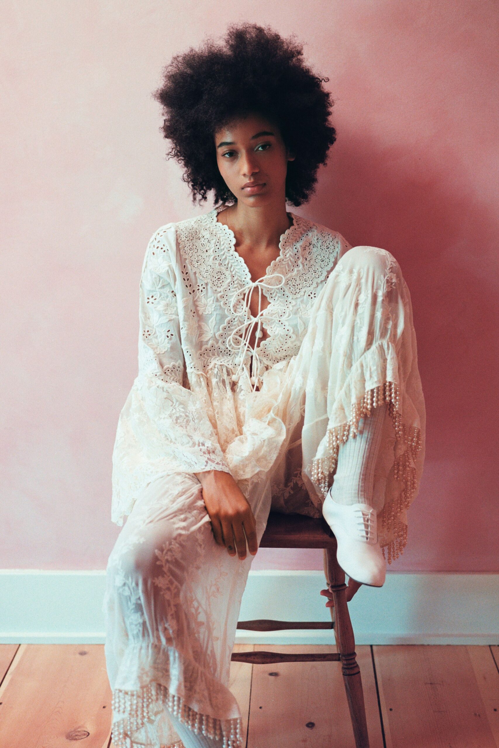 white lace long-sleeve v-neck relaxed embroidered tiered dress