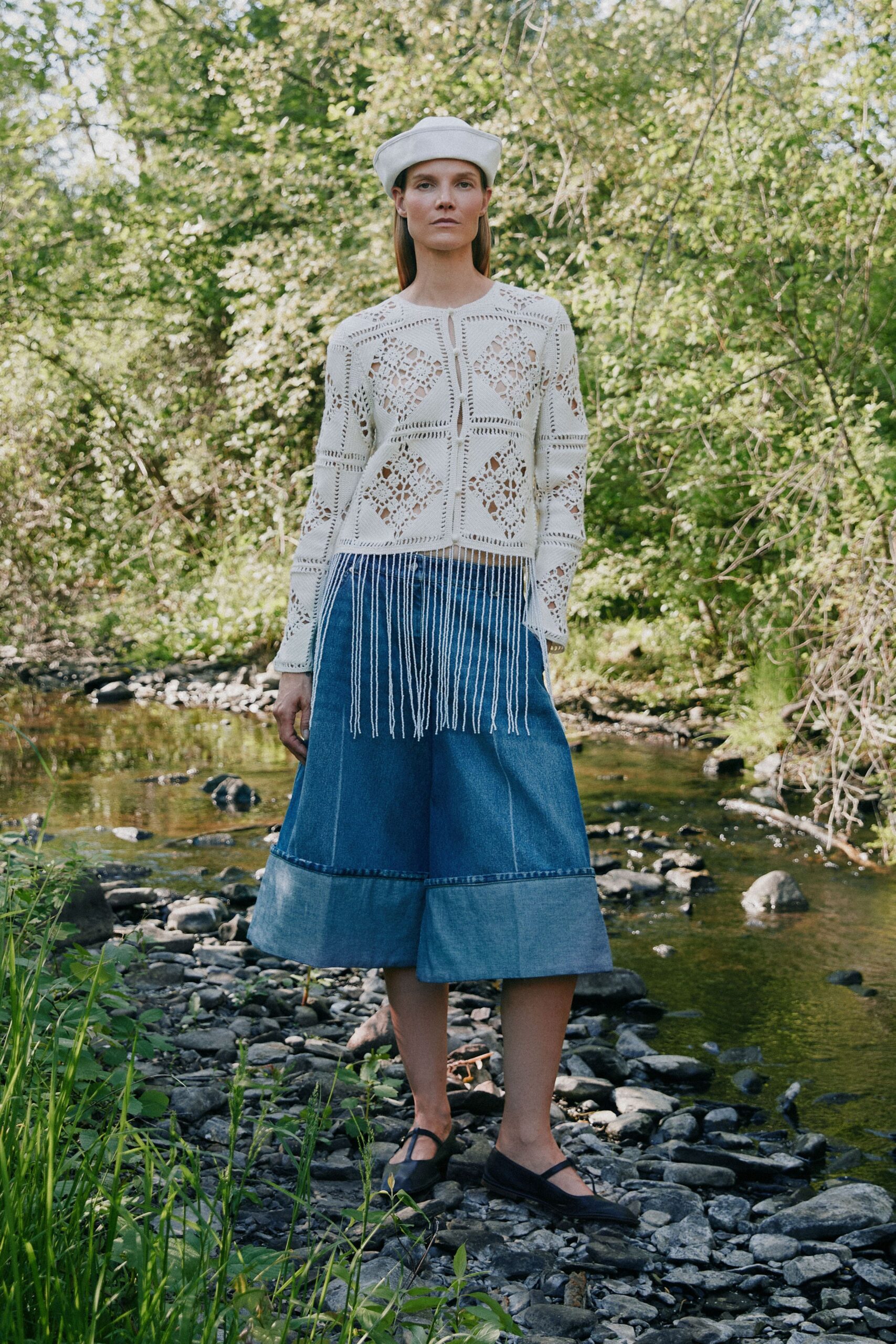 blue denim fitted a-line midi skirt