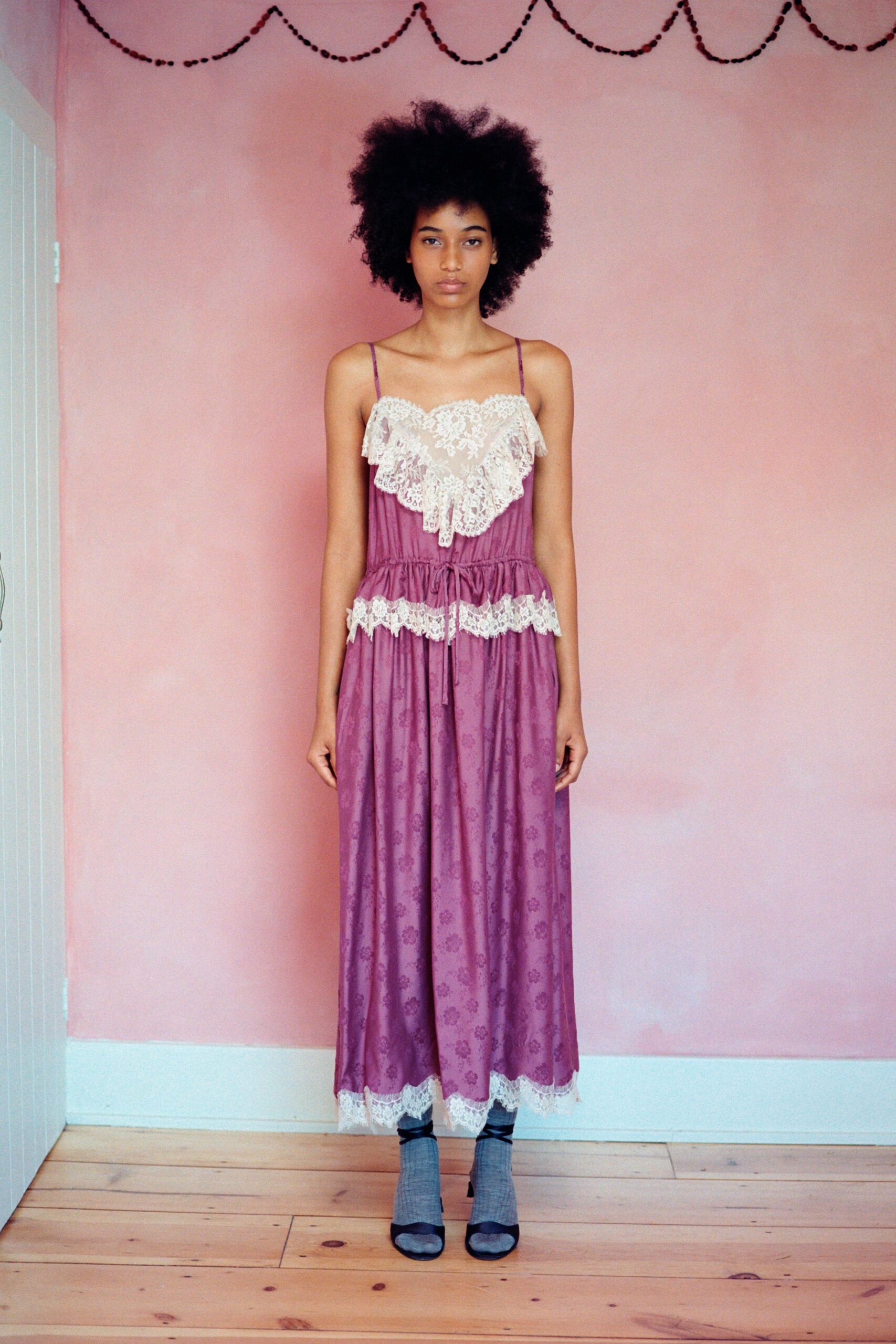 purple silk sleeveless v-neck fitted ruffled embroidered dress