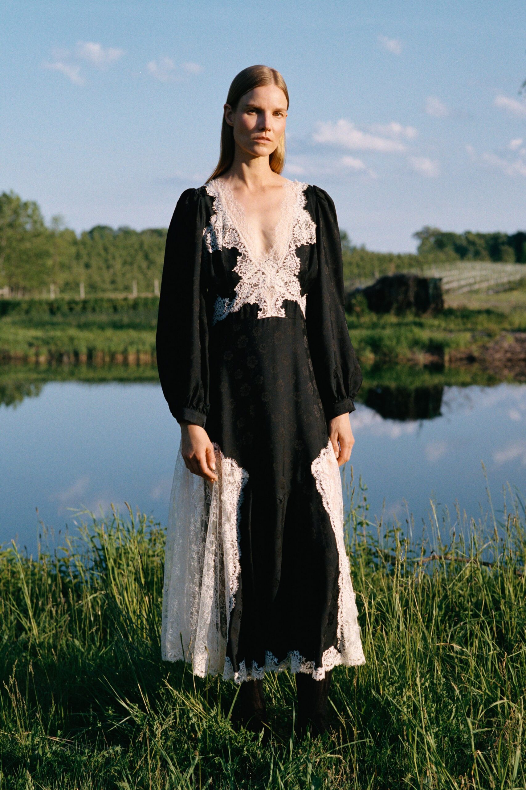 black and white embroidered midi dress