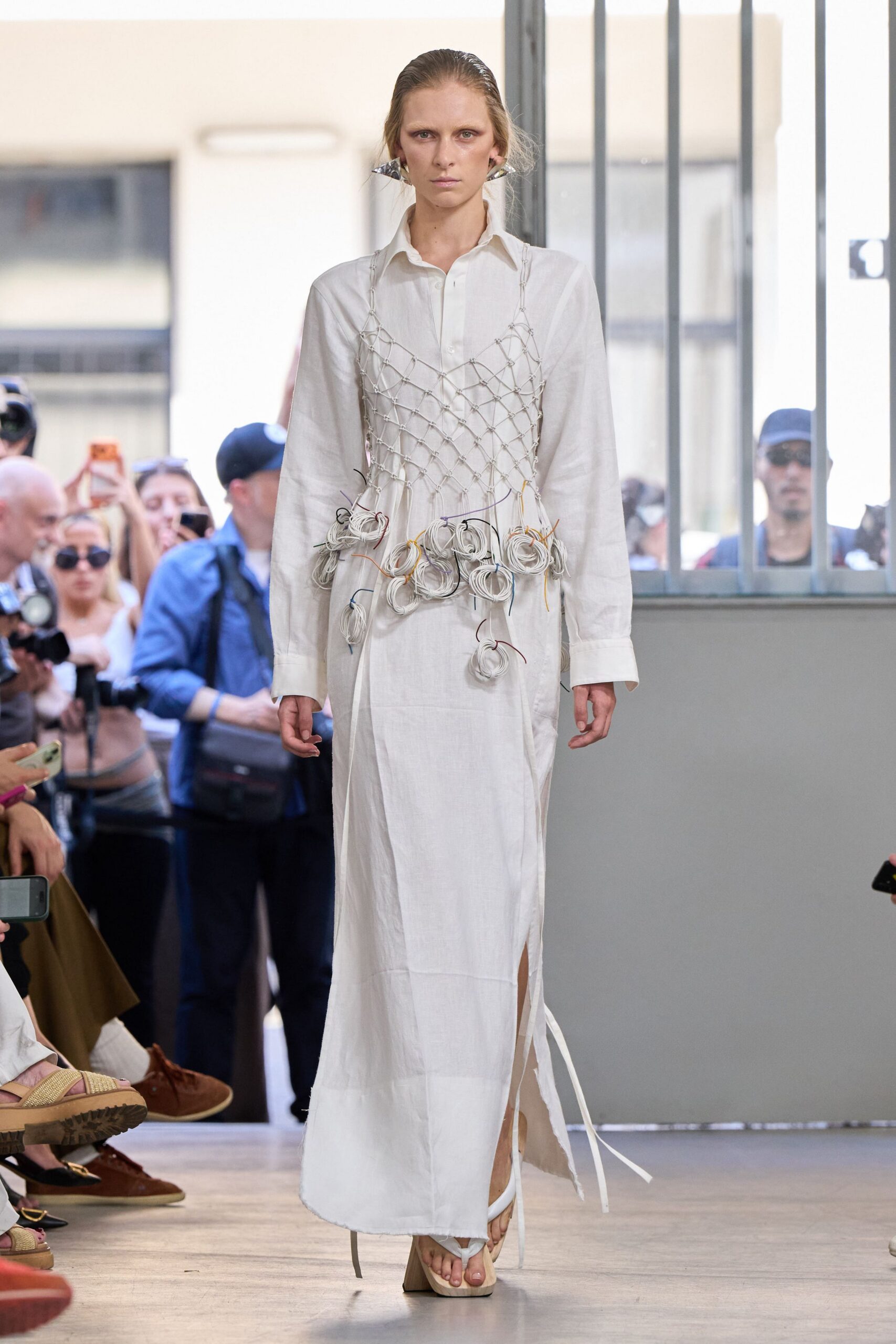 white cotton long-sleeve collared fitted embroidered tiered dress