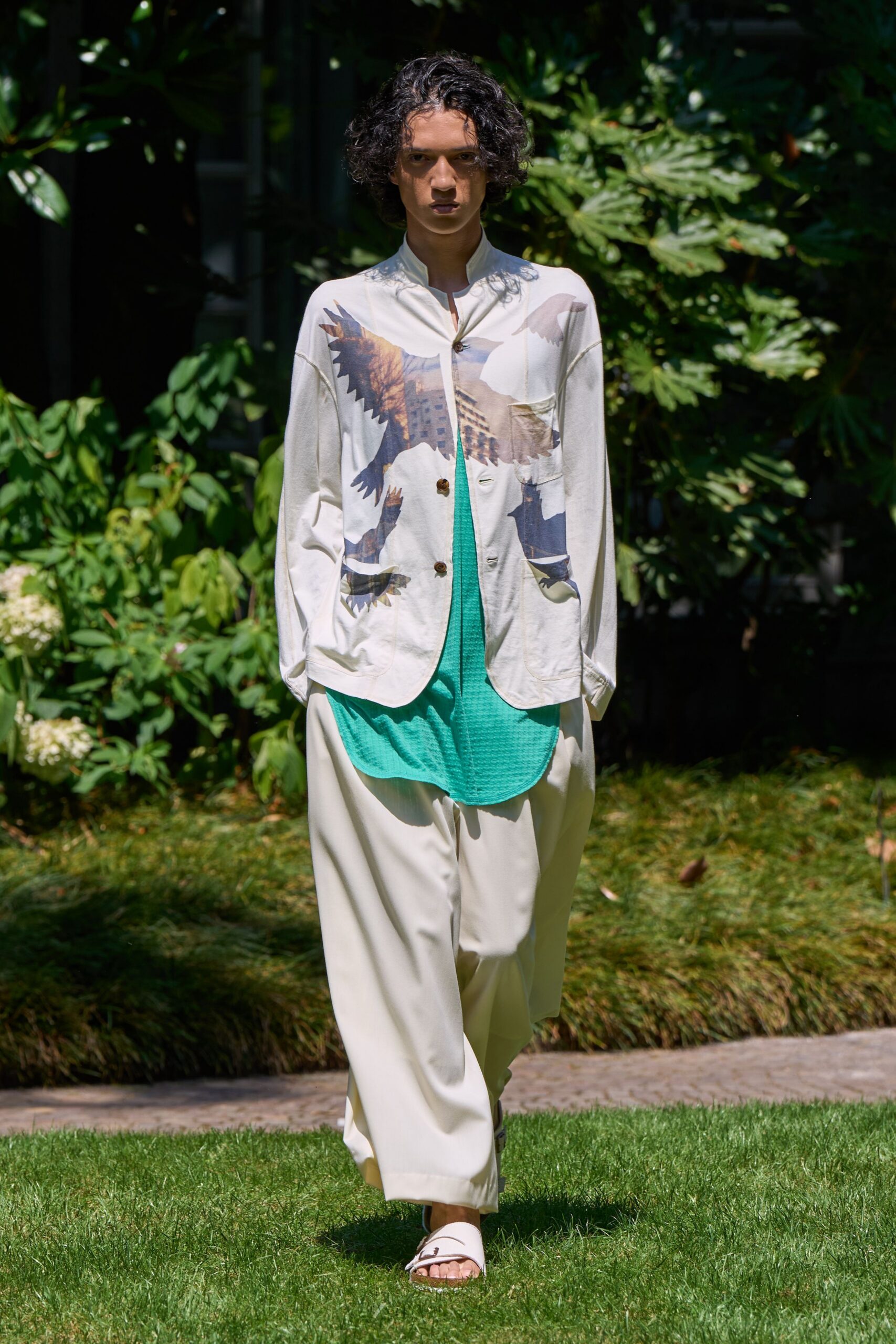 white cotton long-sleeve collared relaxed printed shirt