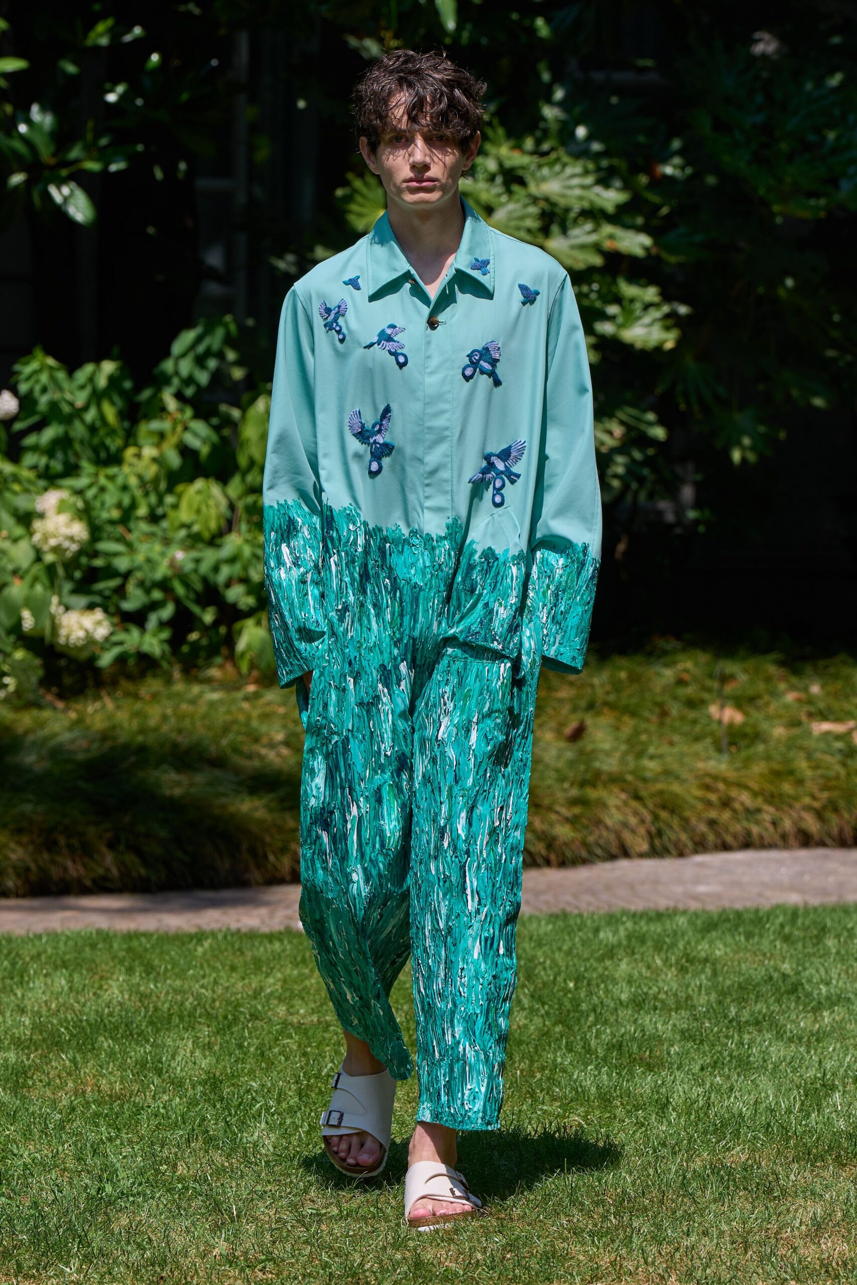 teal cotton long-sleeve collared relaxed embroidered printed jumpsuit