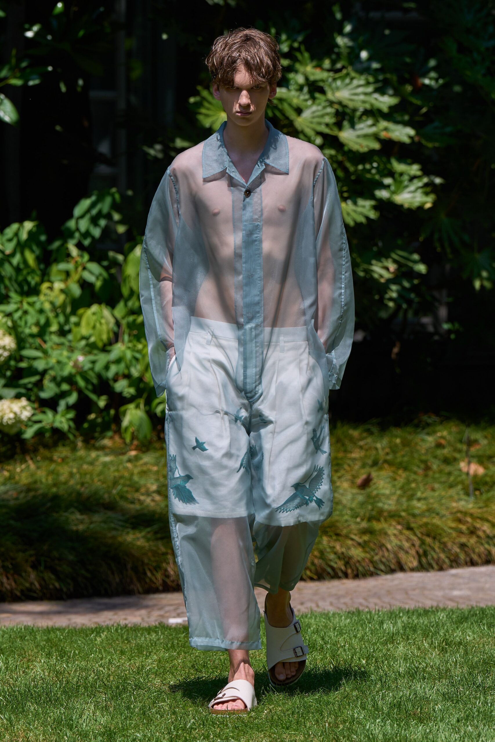 blue chiffon long-sleeve collared relaxed sheer flowing shirt