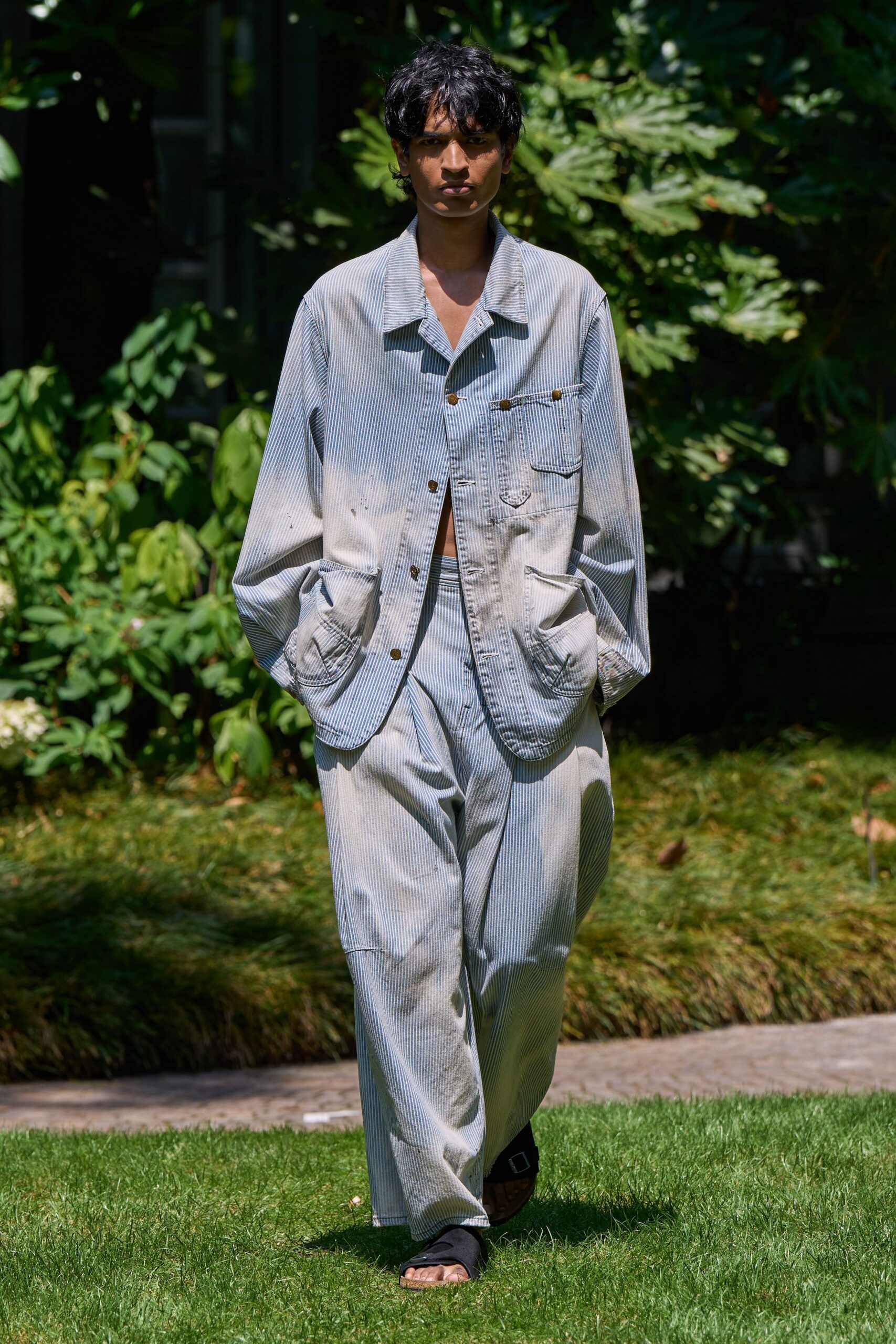 blue cotton relaxed striped pants