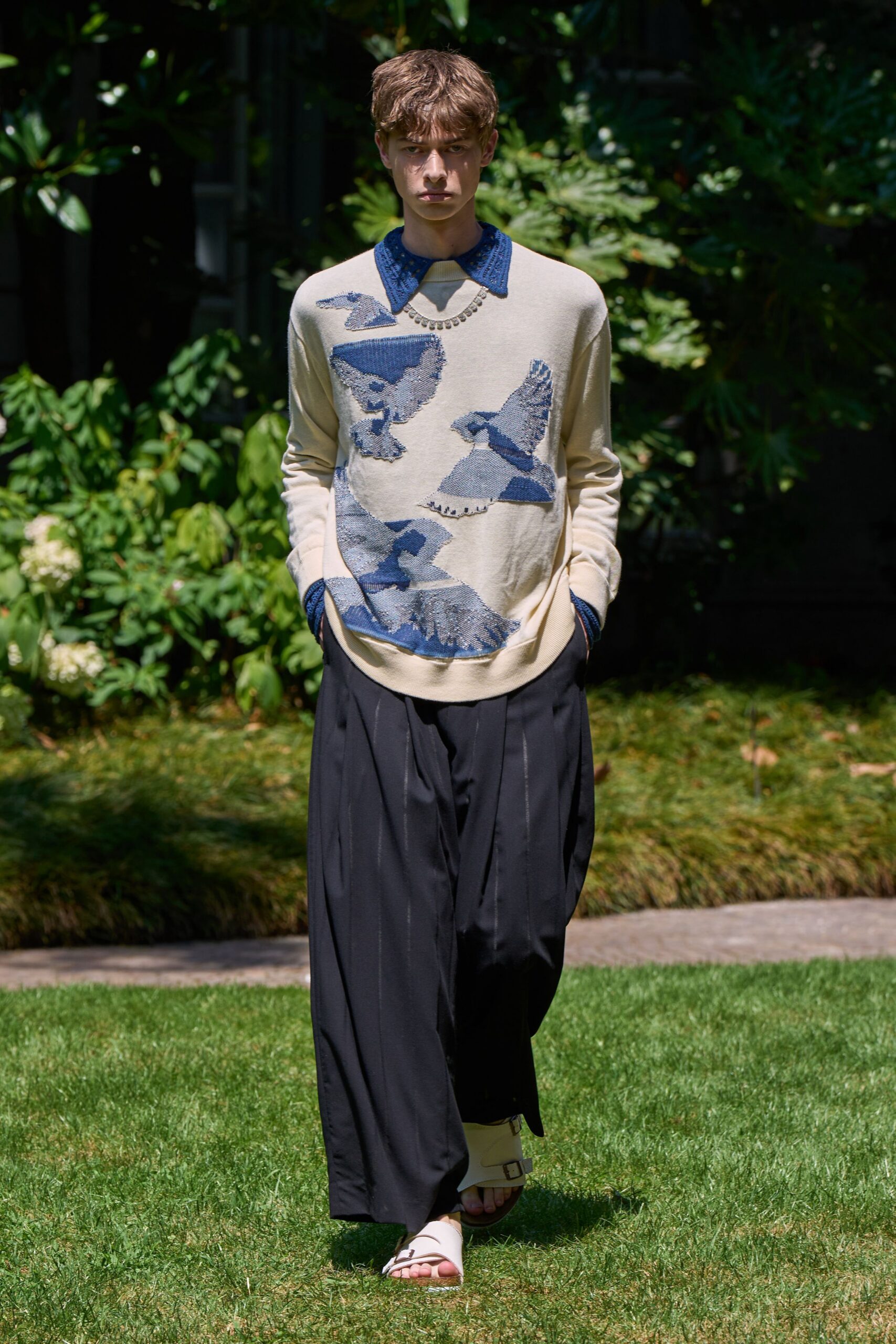 beige cotton long-sleeve collared relaxed printed sweater