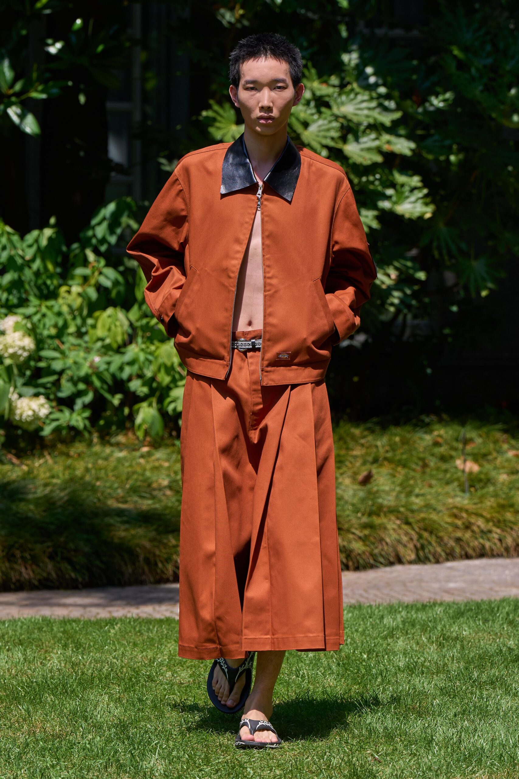 orange cotton relaxed pleated midi skirt