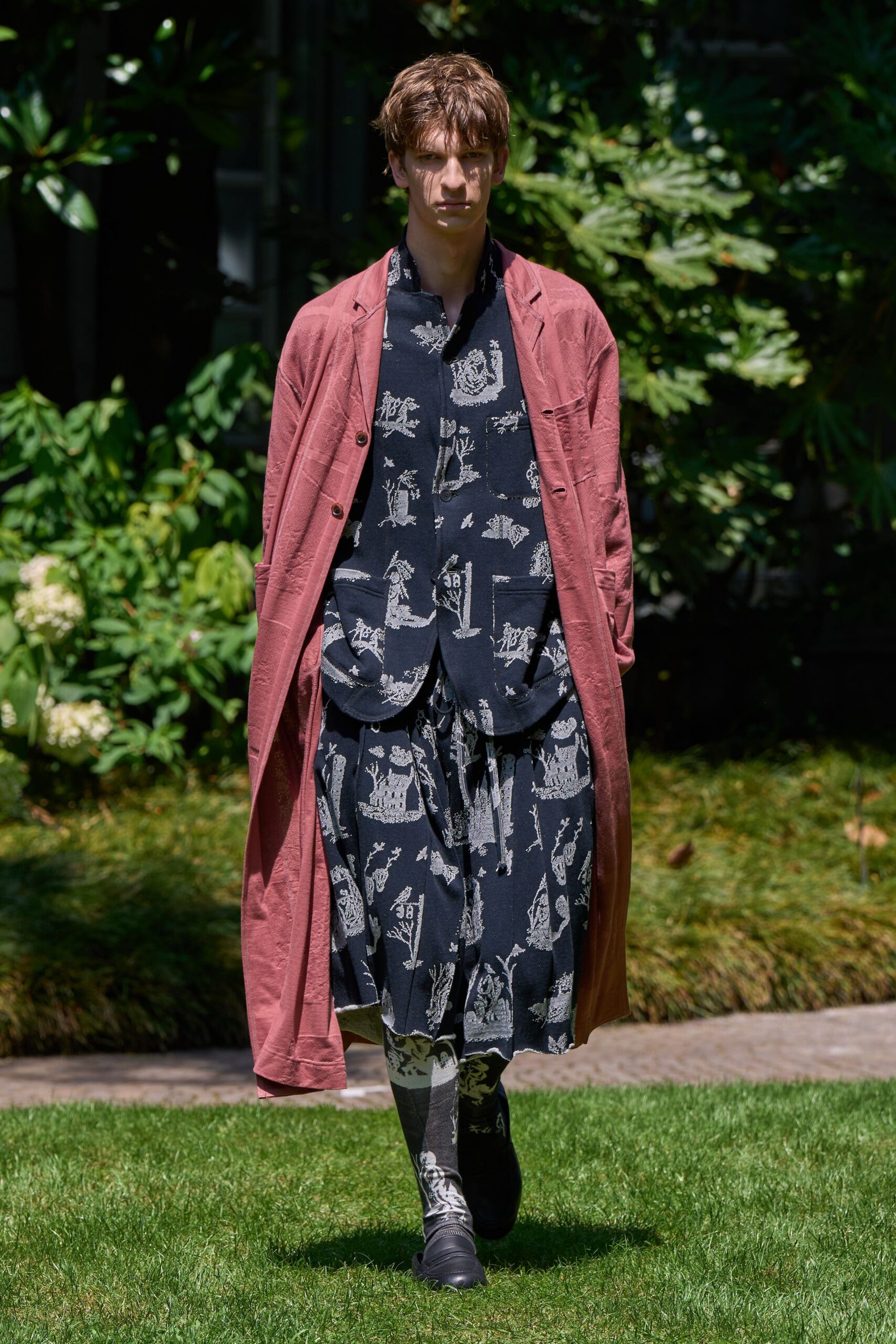 pink cotton long-sleeve relaxed buttoned maxi coat