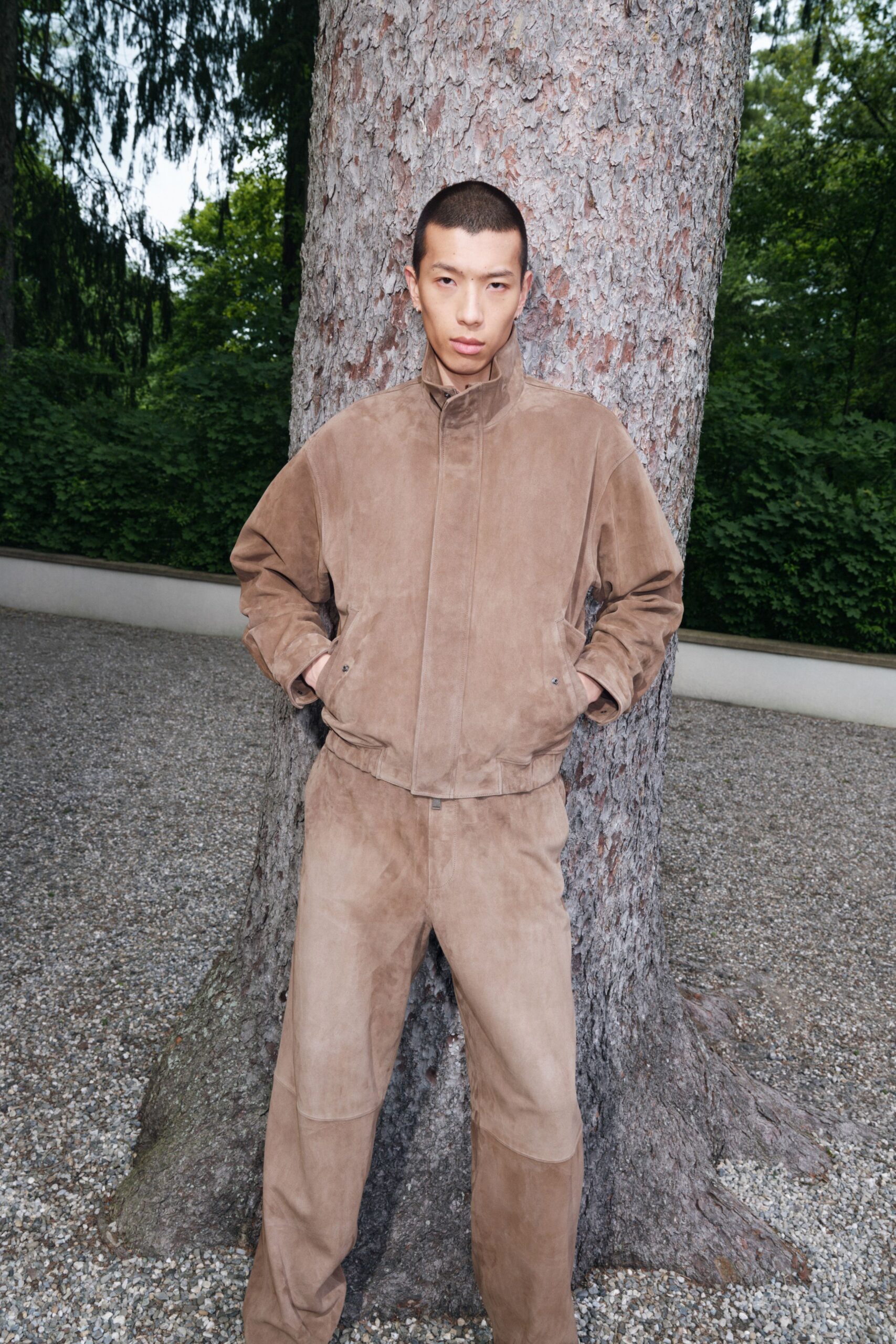 brown suede long-sleeve collared fitted jacket