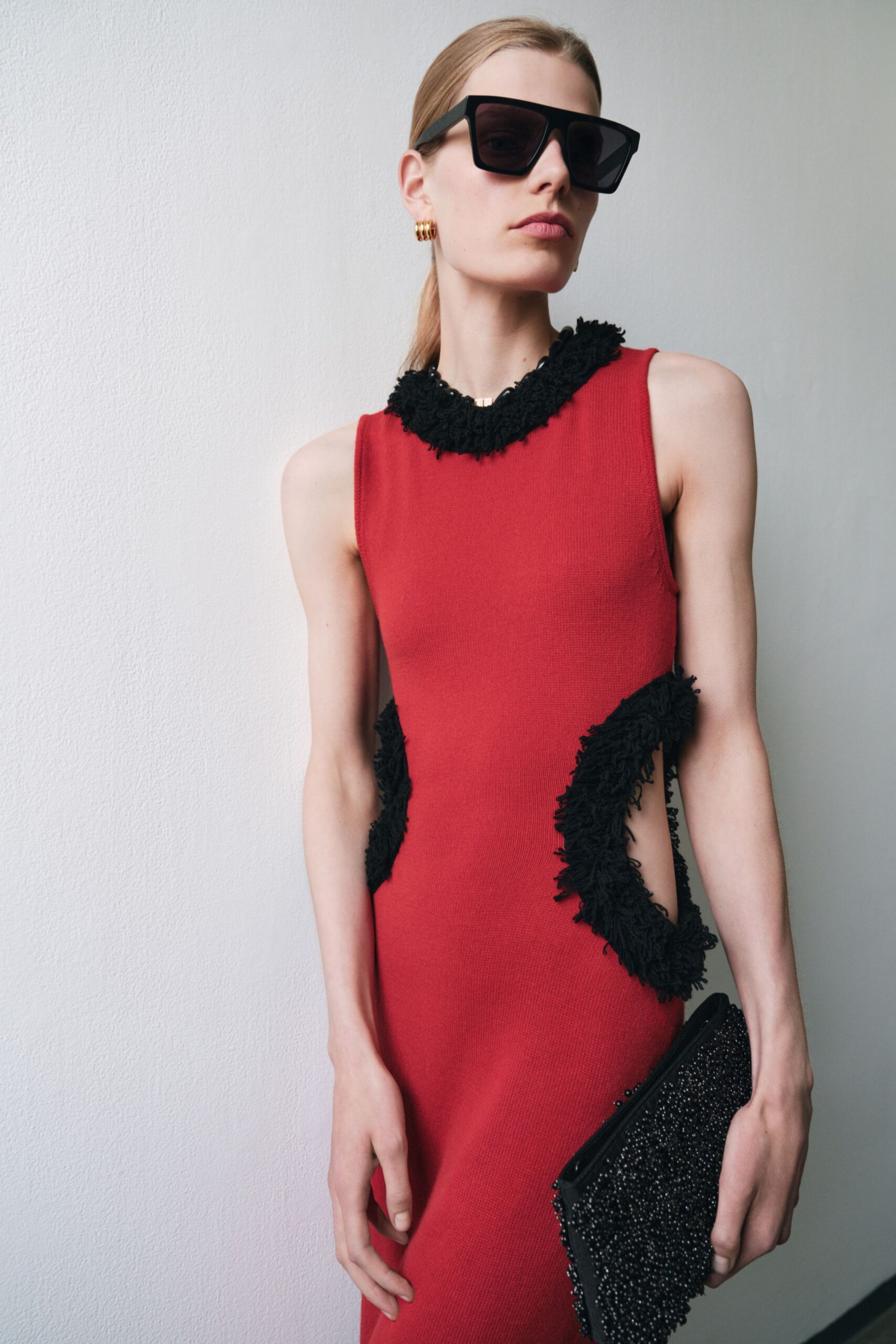 red cotton sleeveless high-neck fitted ruffled mini dress