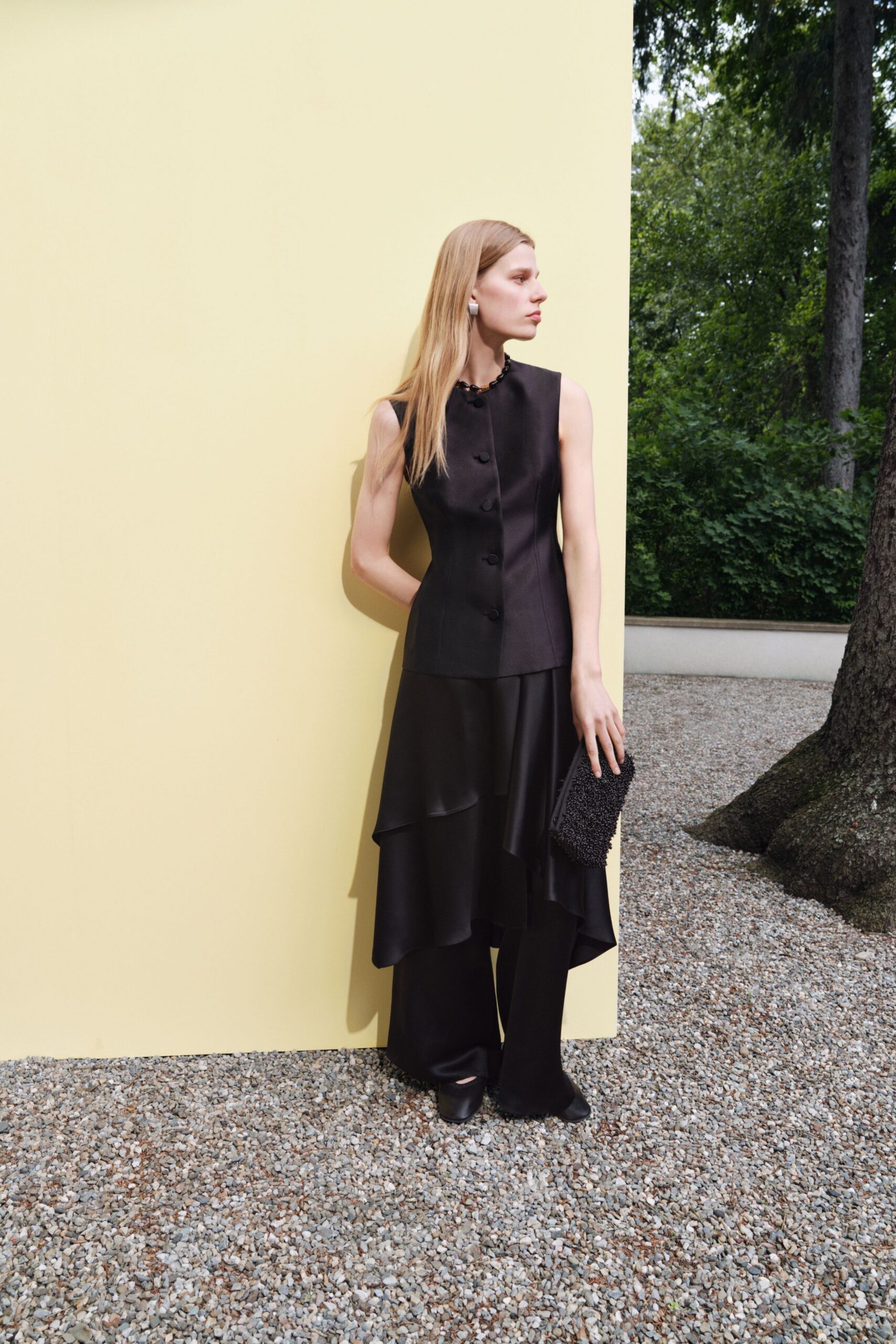 black silk sleeveless v-neck fitted layered midi dress