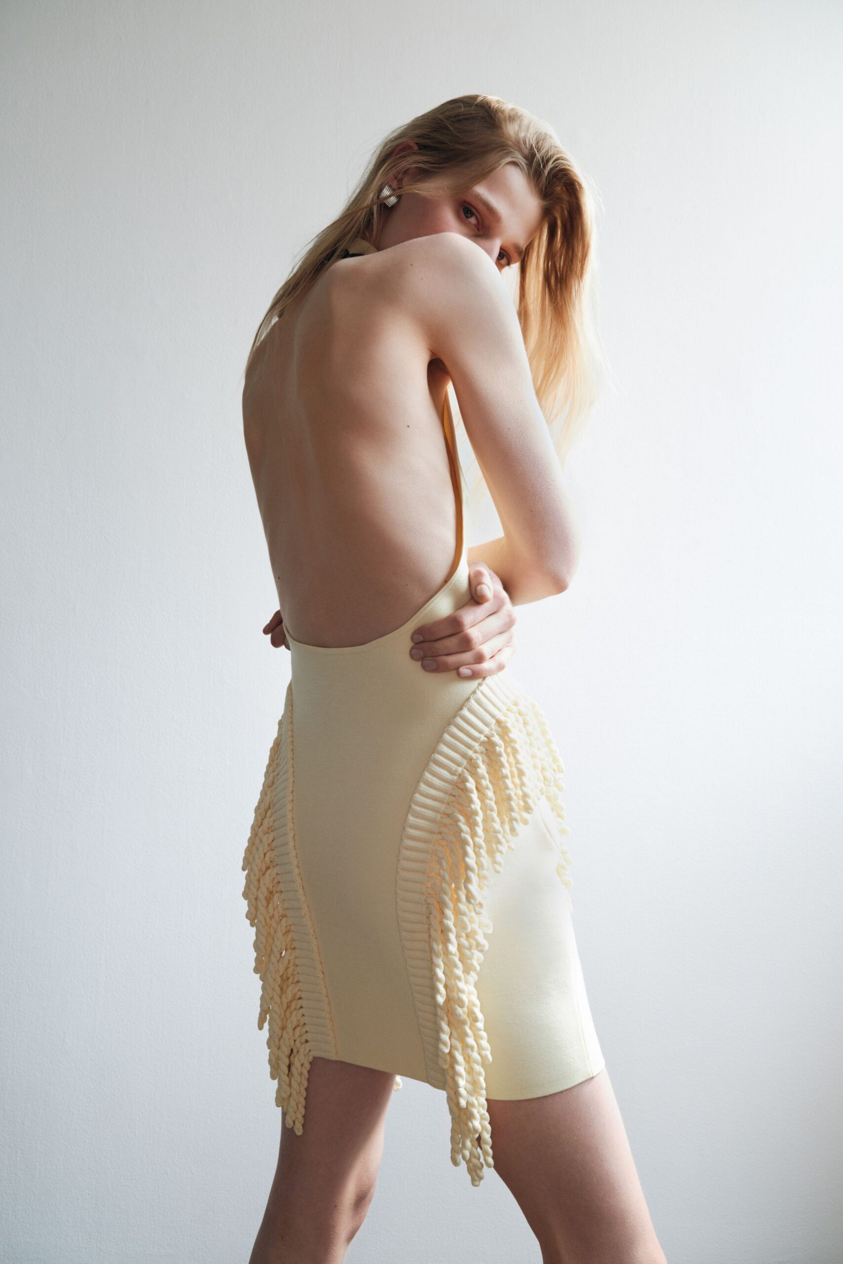 fitted yellow backless dress