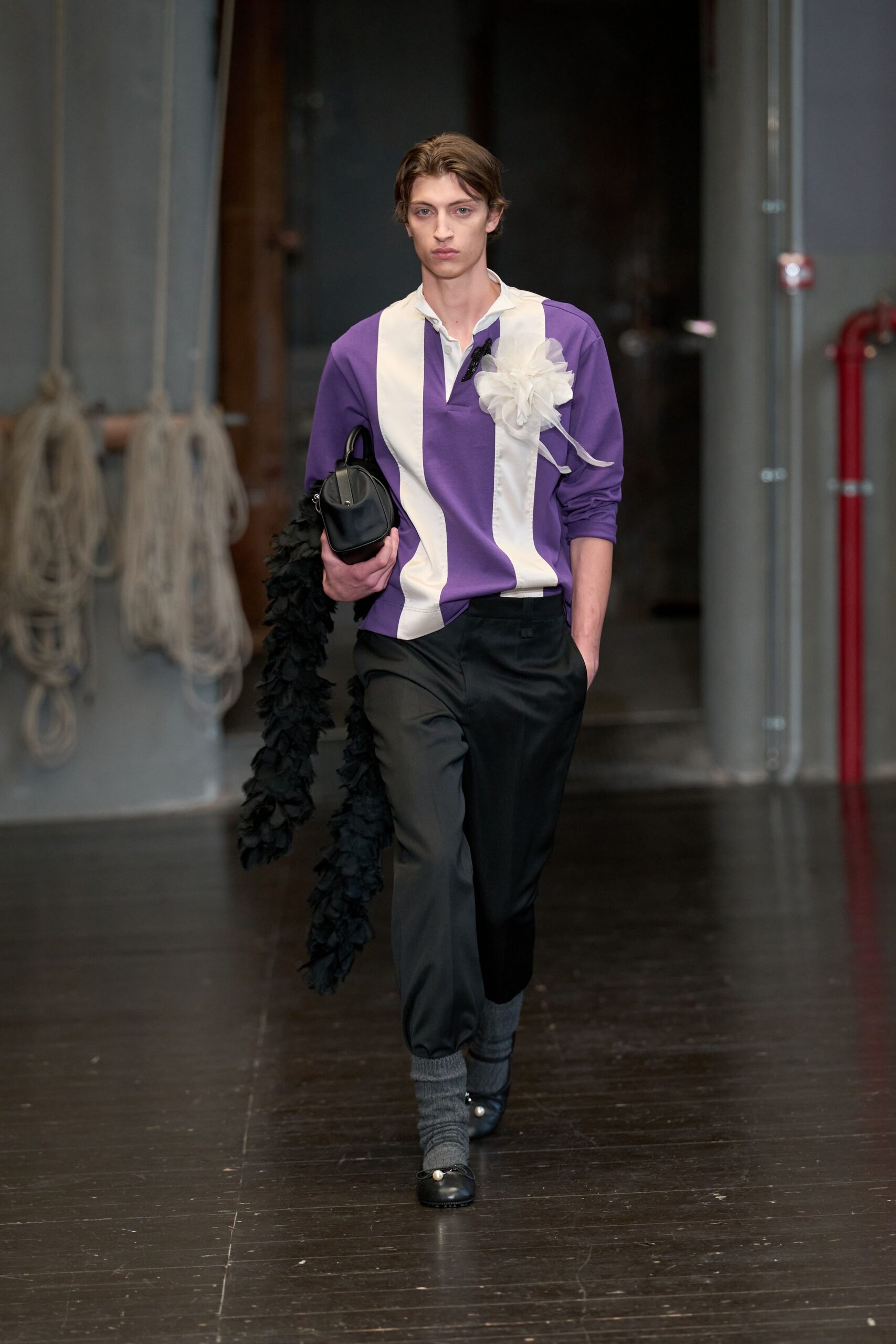 purple long-sleeve collared relaxed color-blocked shirt
