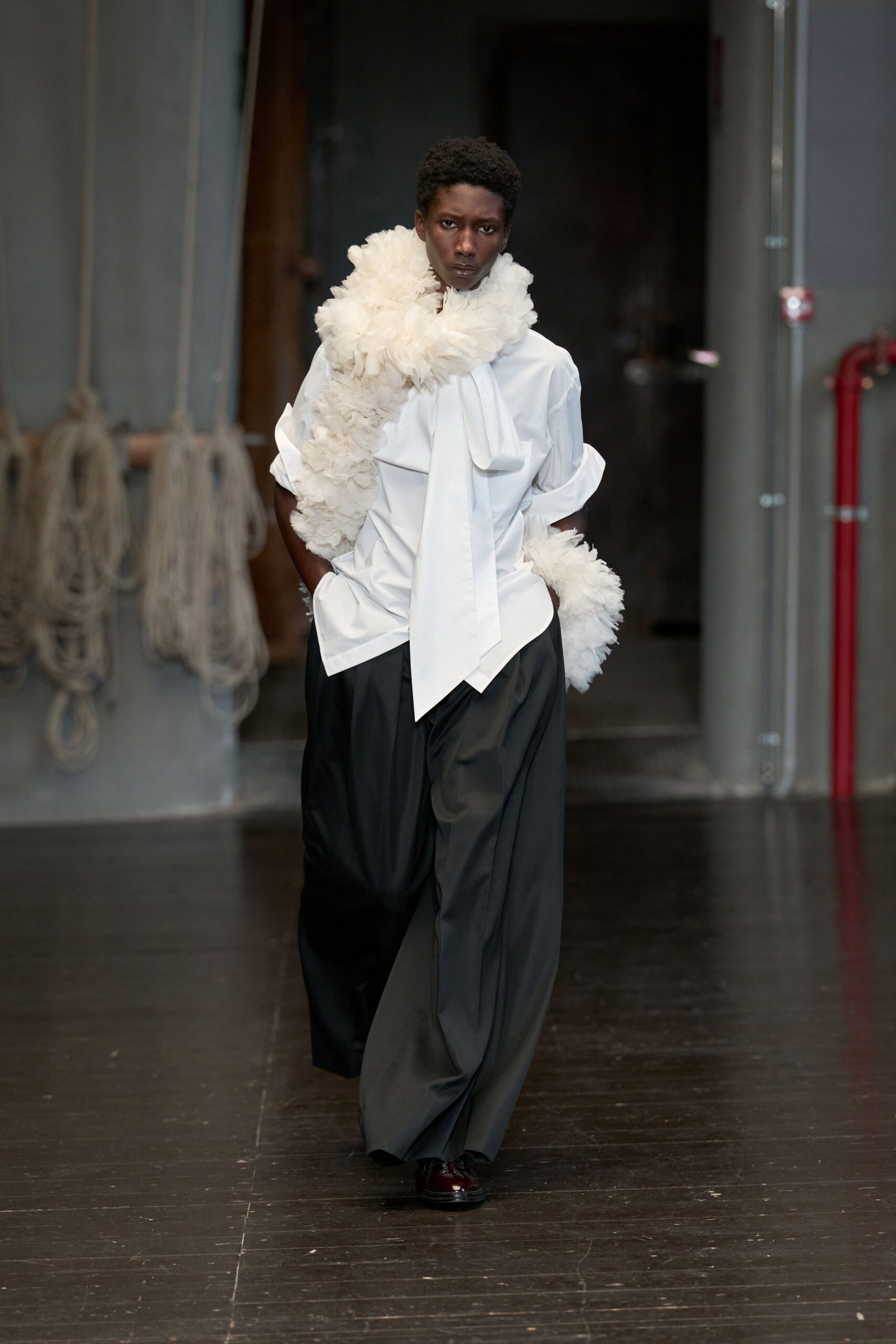 white cotton long-sleeve collared relaxed ruffled shirt