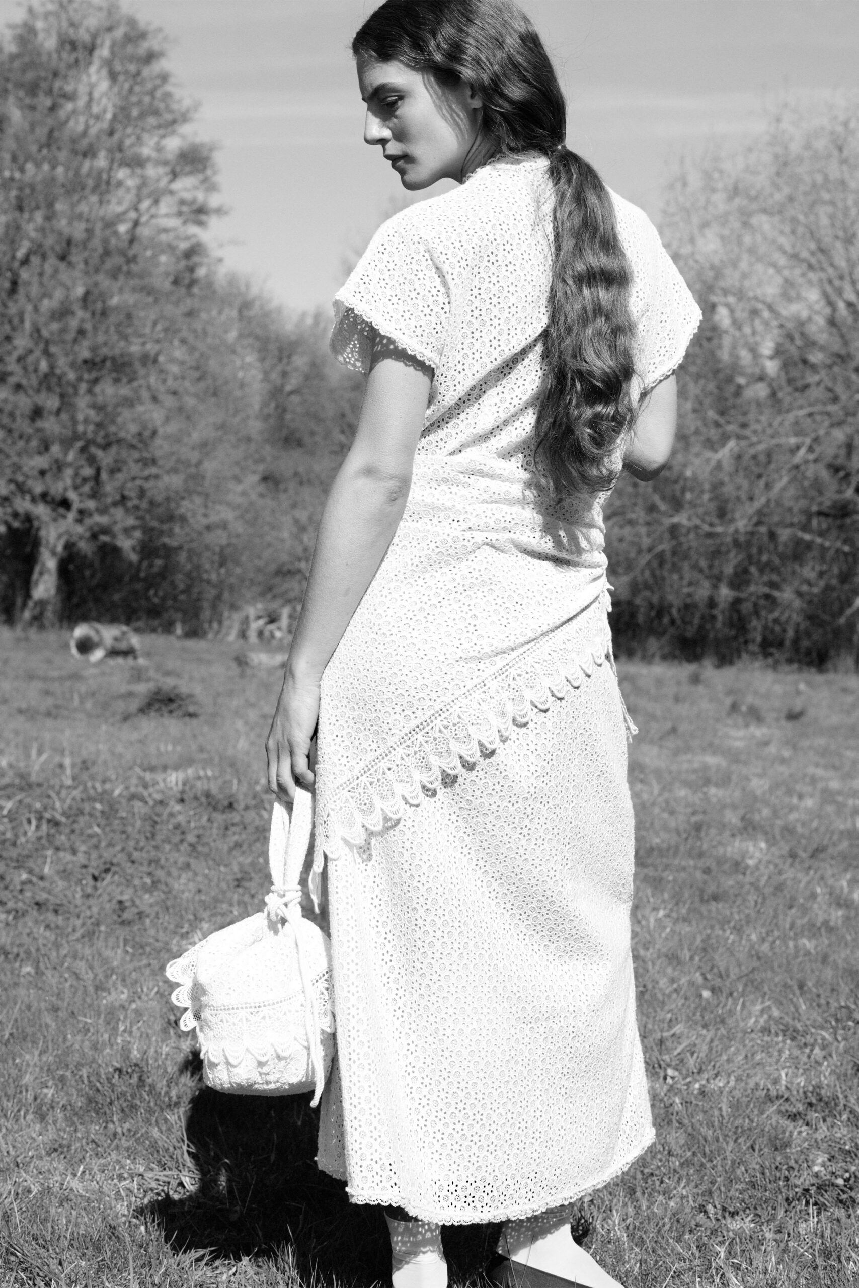 white cotton short-sleeve v-neck fitted embroidered tiered dress