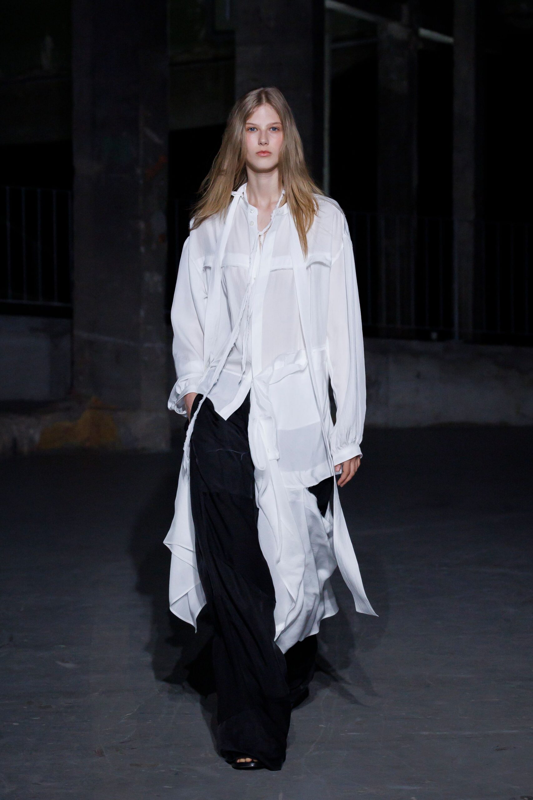 white silk long-sleeve collared relaxed layered shirt