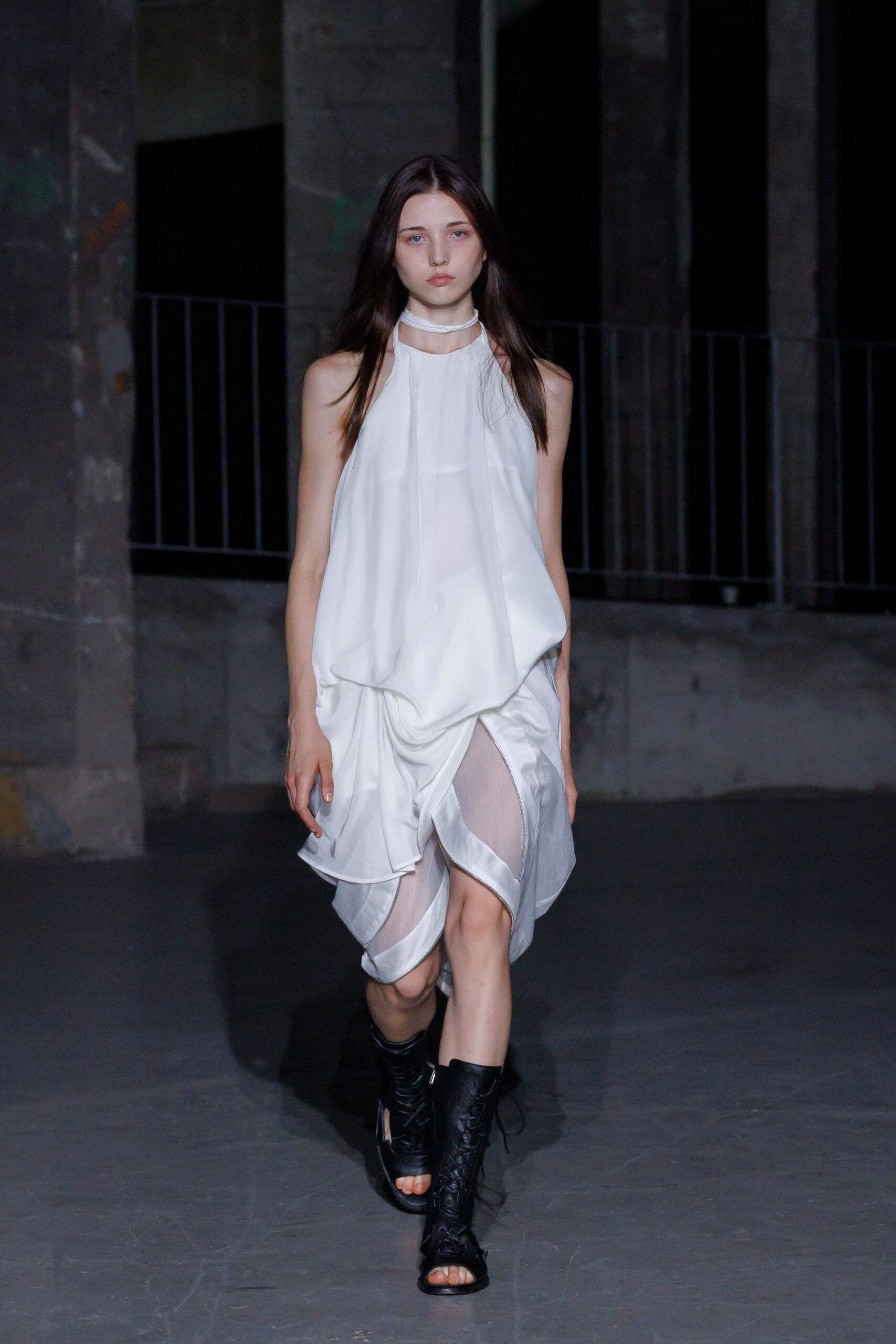 white silk sleeveless high-neck relaxed layered flowing dress