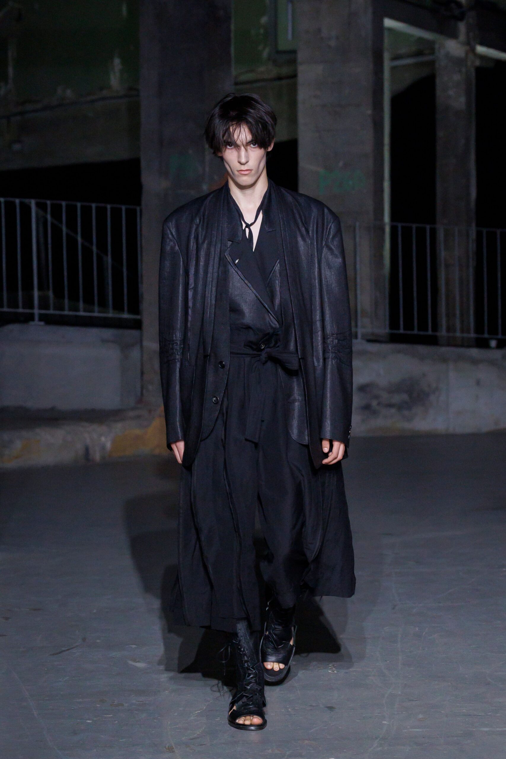 black leather long-sleeve collared relaxed belted maxi coat