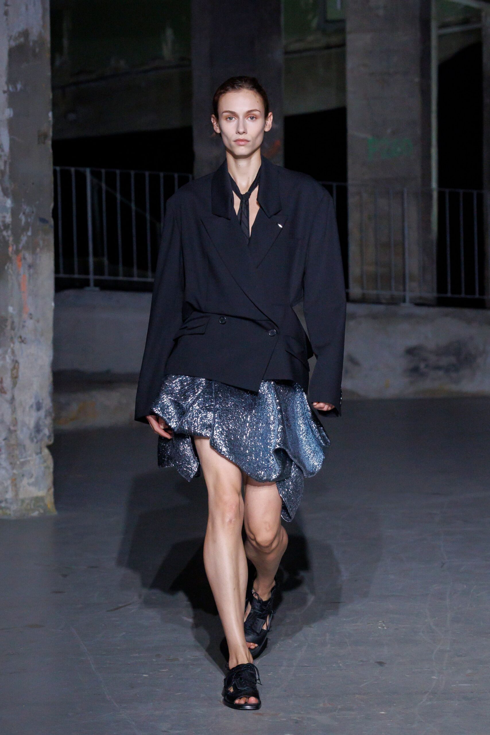 gray asymmetric fitted ruffled shiny mini skirt