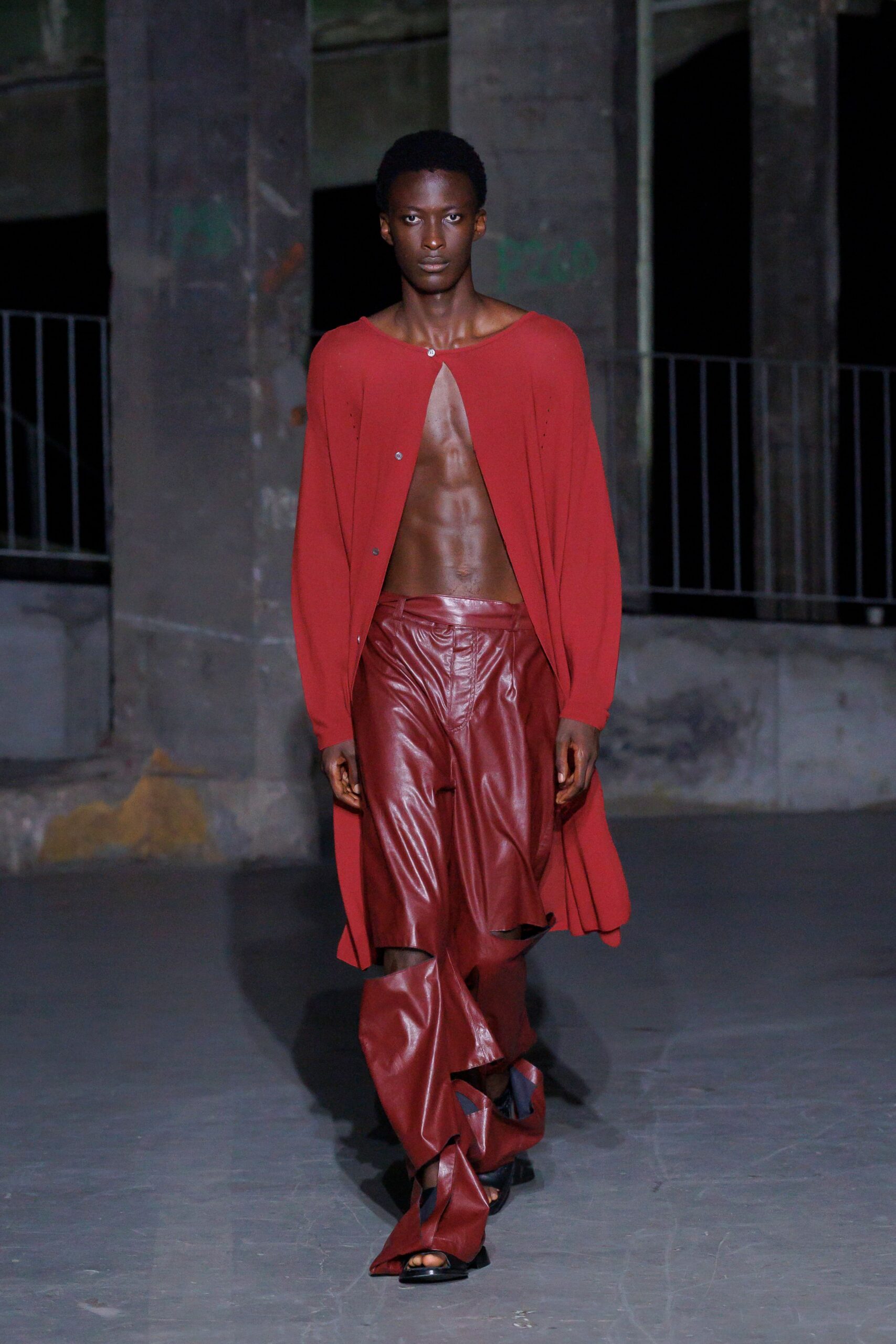 red silk long-sleeve collared relaxed layered top