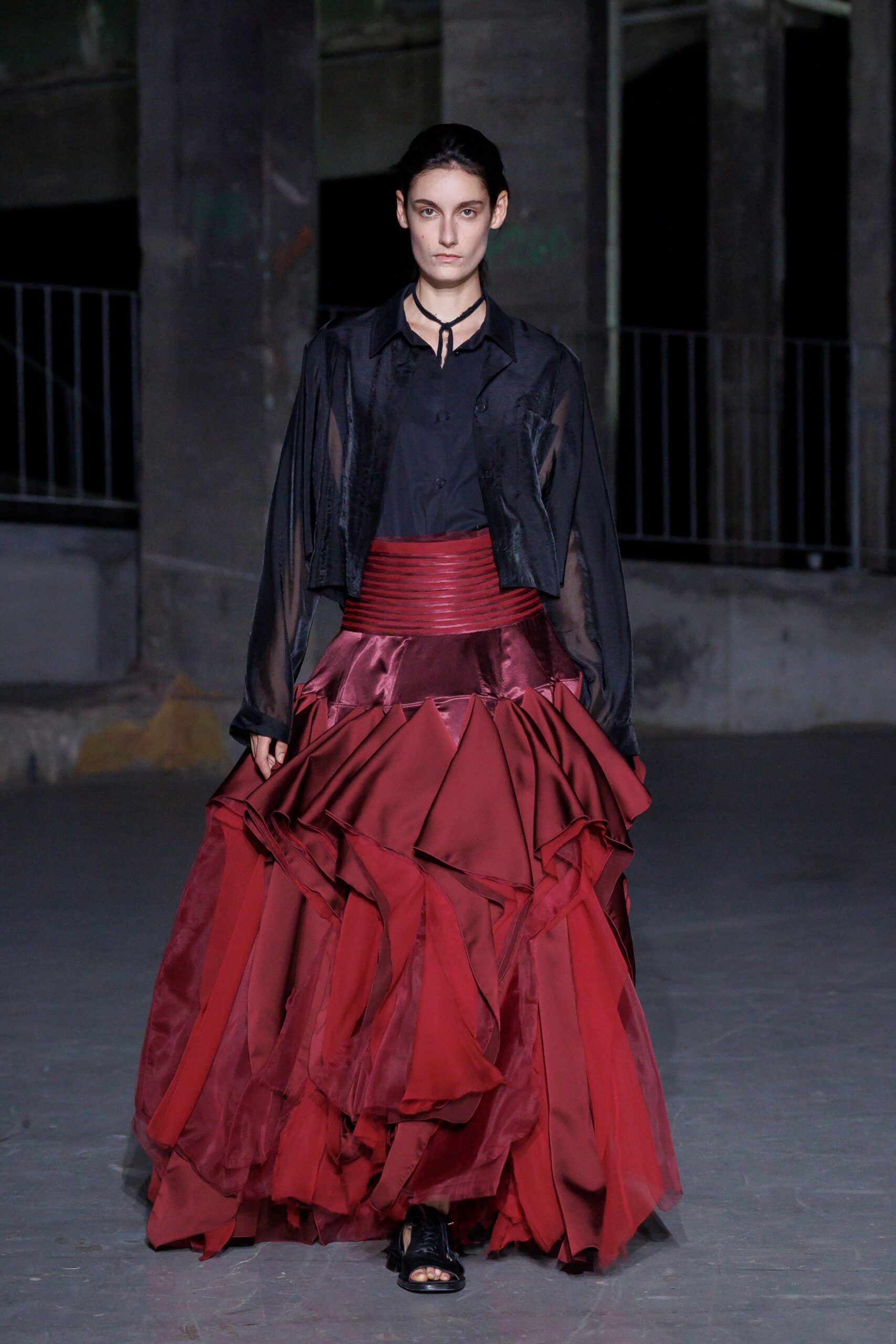 red tulle fitted tiered flowing maxi skirt