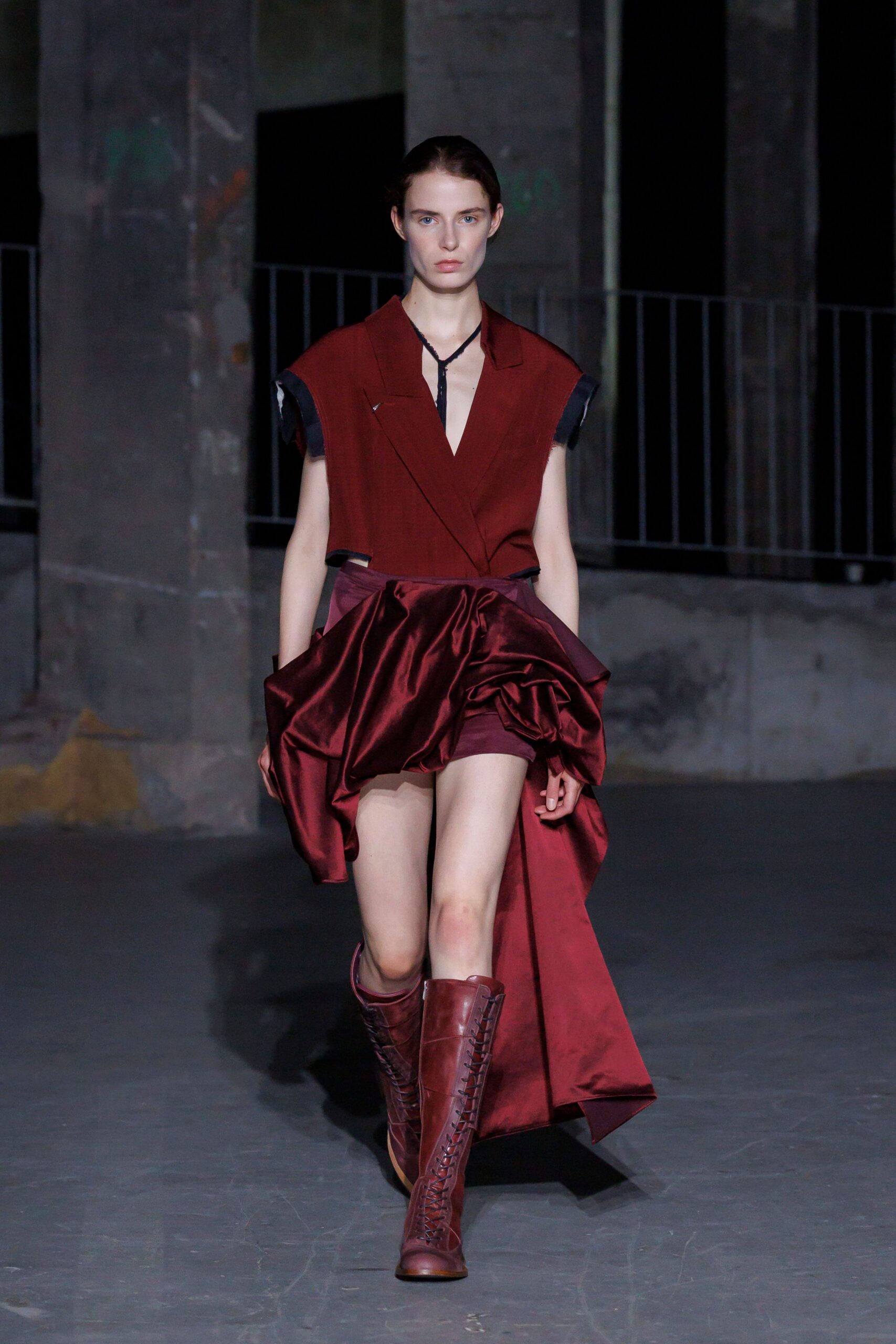red silk short-sleeve v-neck fitted pleated mini dress