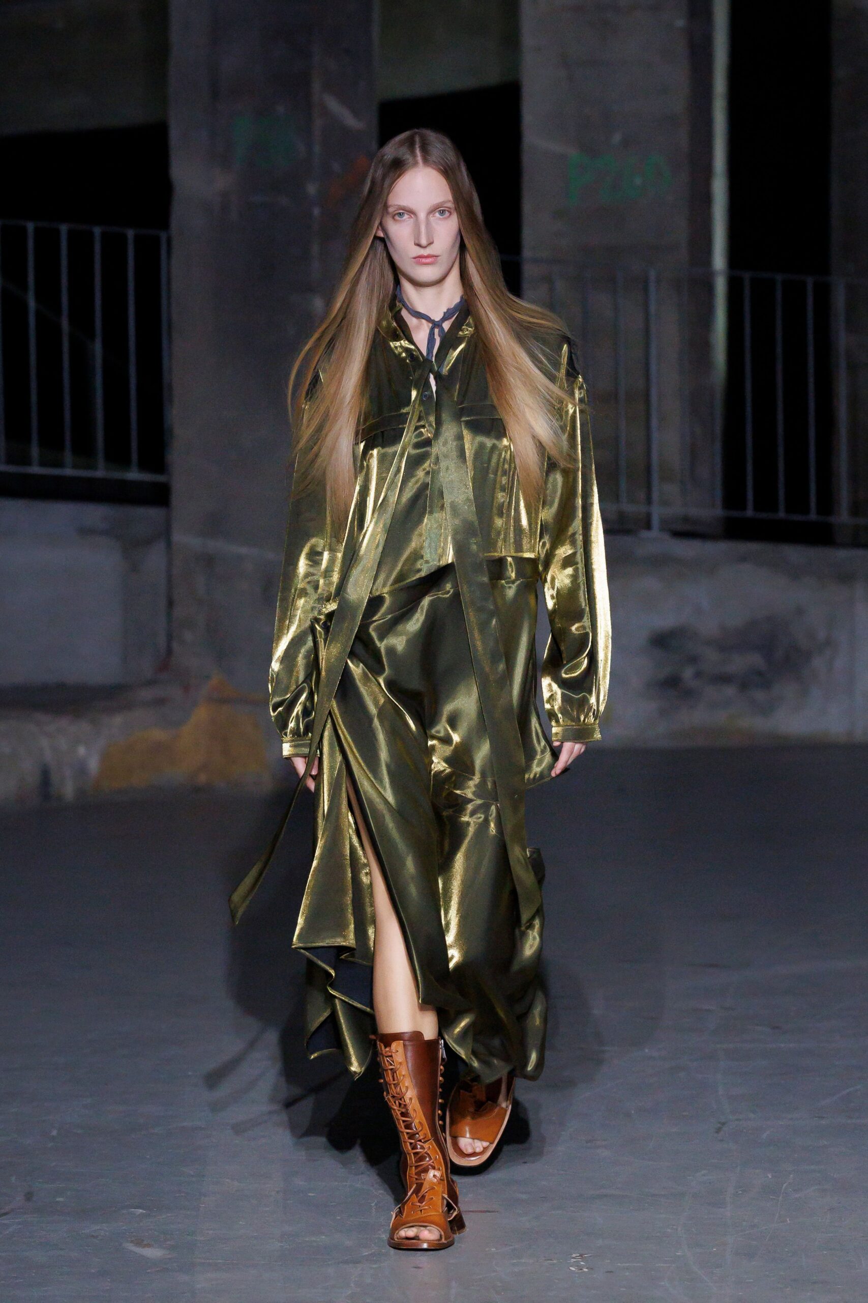 green silk long-sleeve collared relaxed draped shiny dress