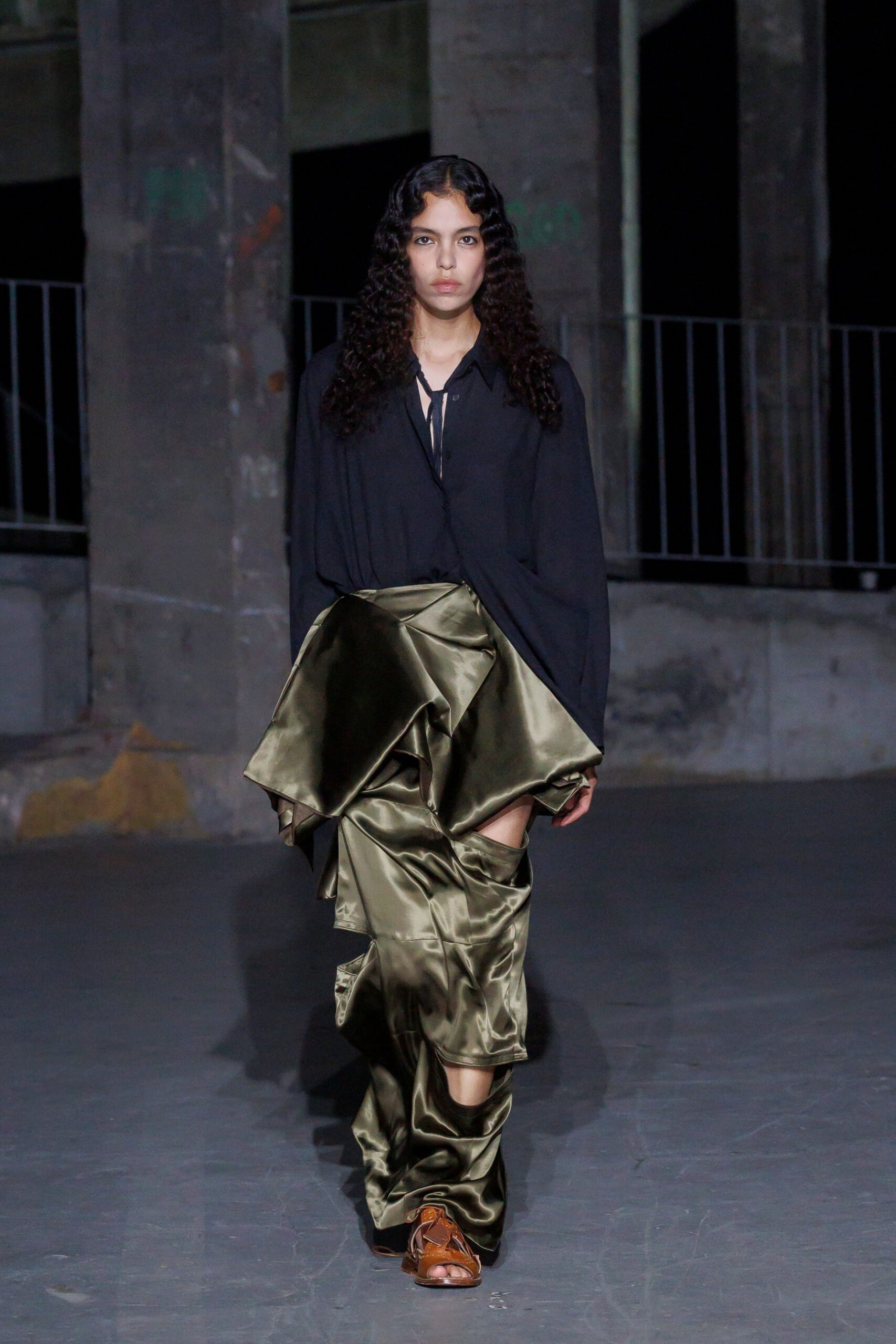 green asymmetric fitted pleated pants