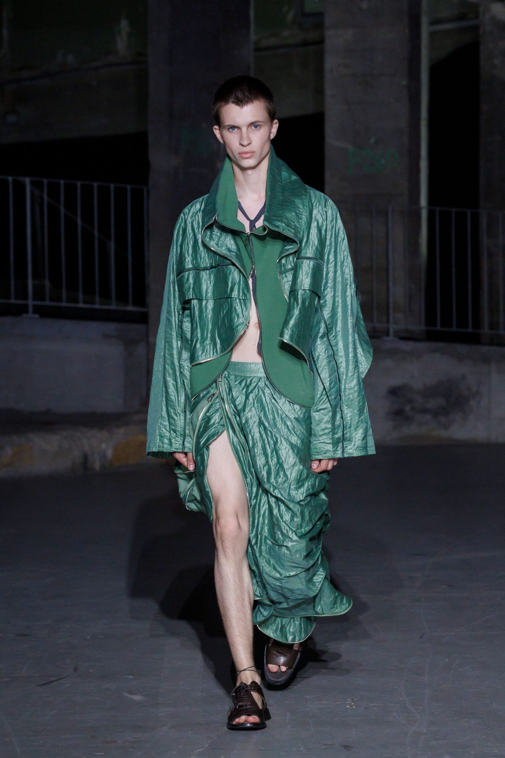 green leather asymmetric slit fitted skirt