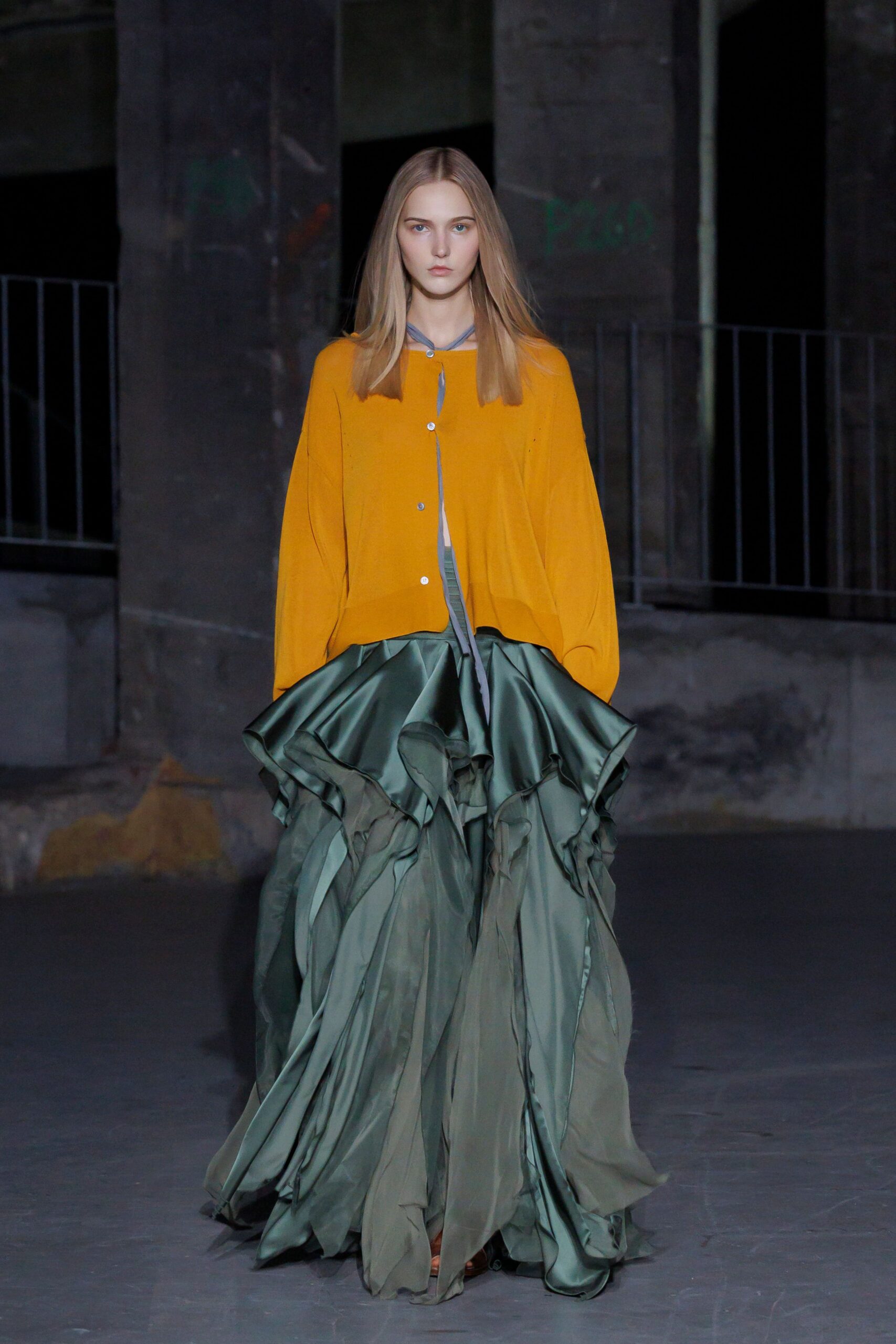 green silk fitted tiered ruffled flowing maxi skirt