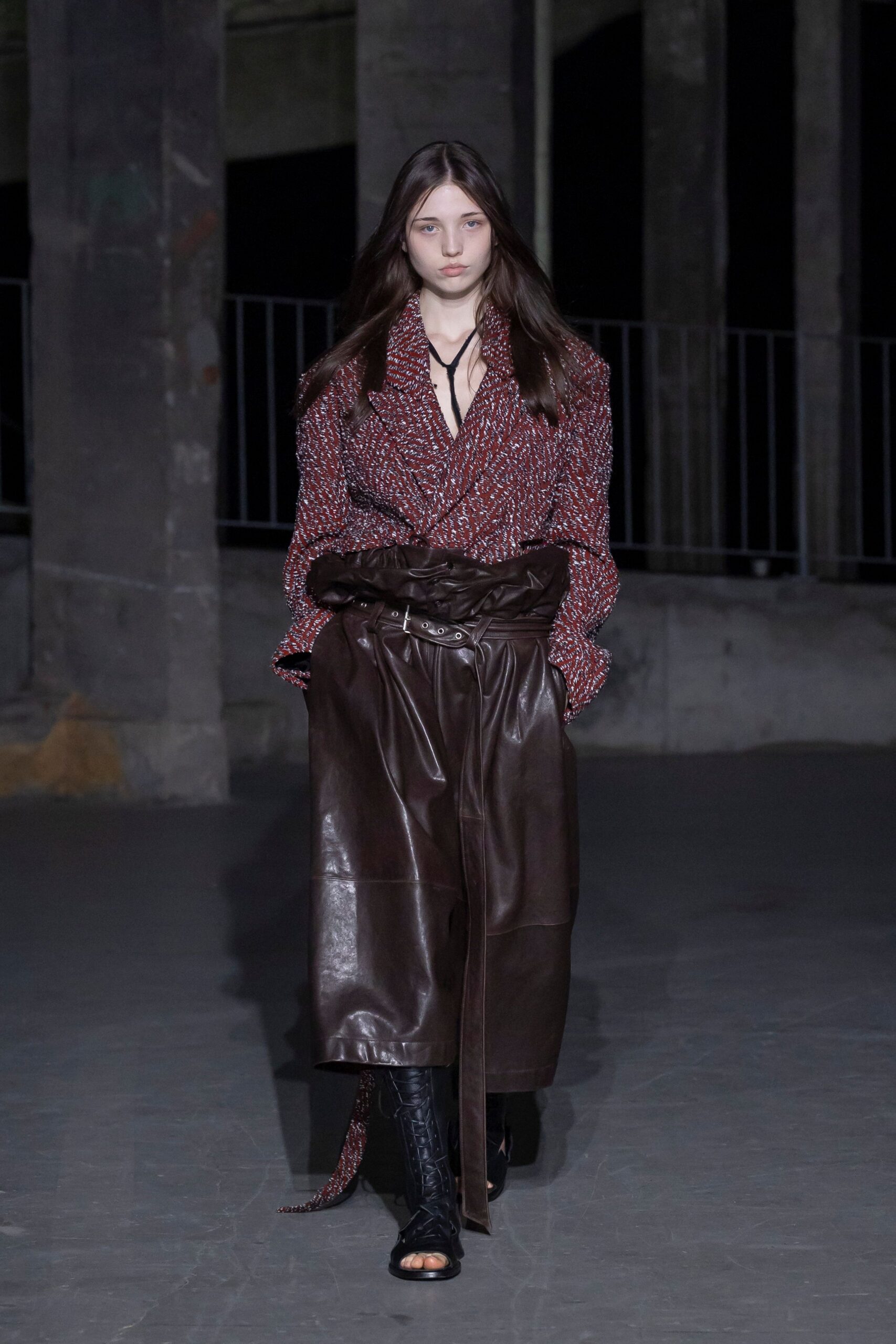 brown leather fitted high-waisted belted midi skirt