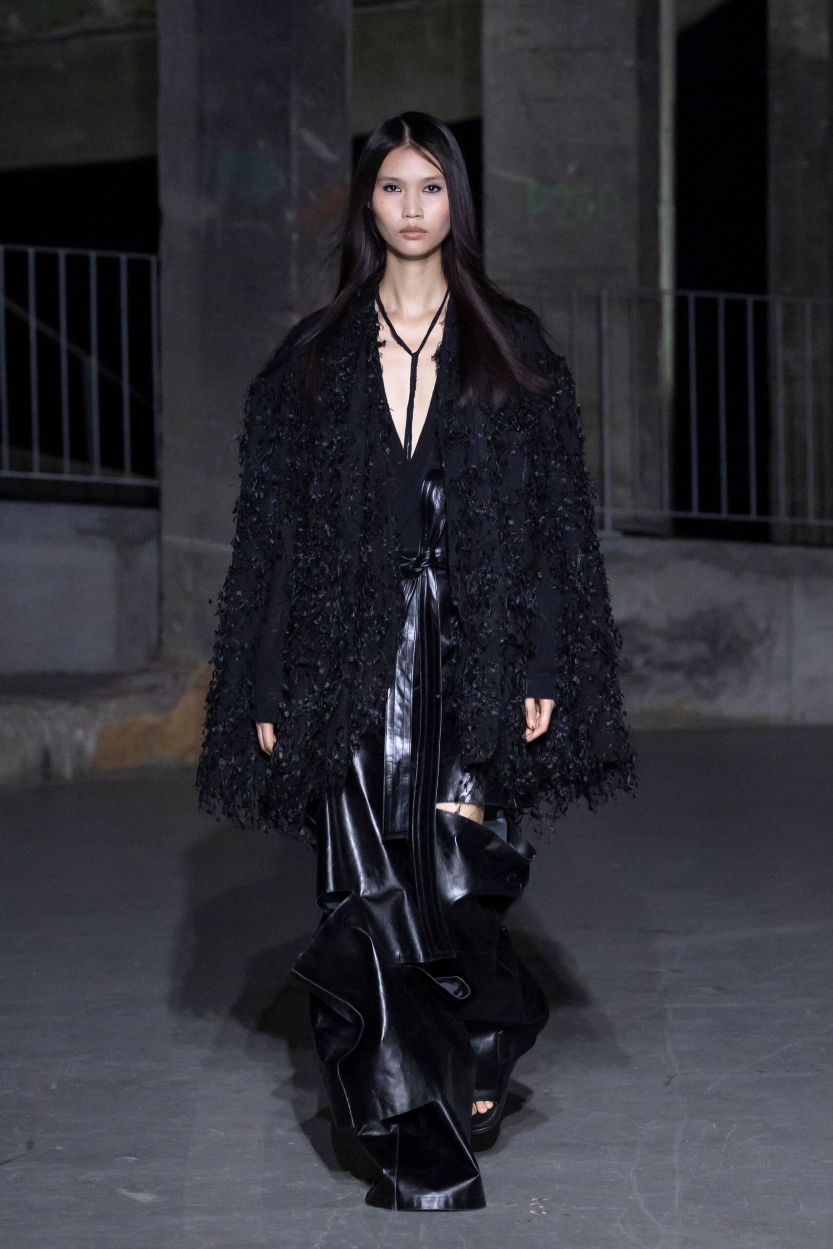 black silk long-sleeve v-neck fitted layered ruffled gown