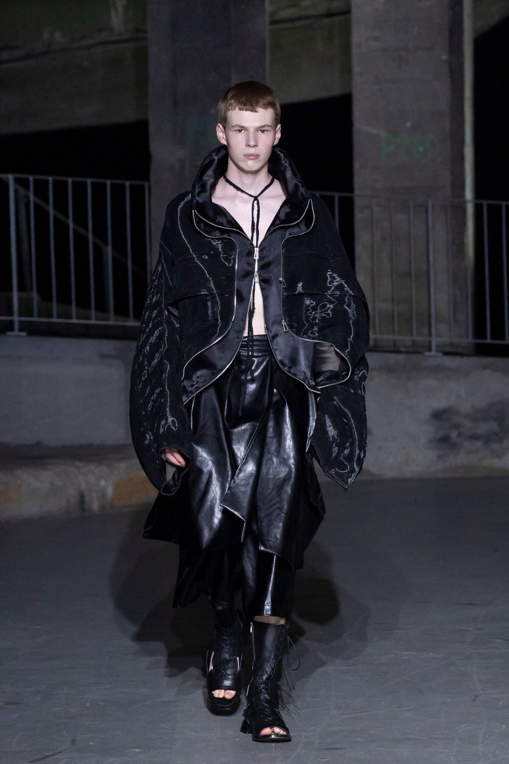 black leather long-sleeve collared oversized draped coat