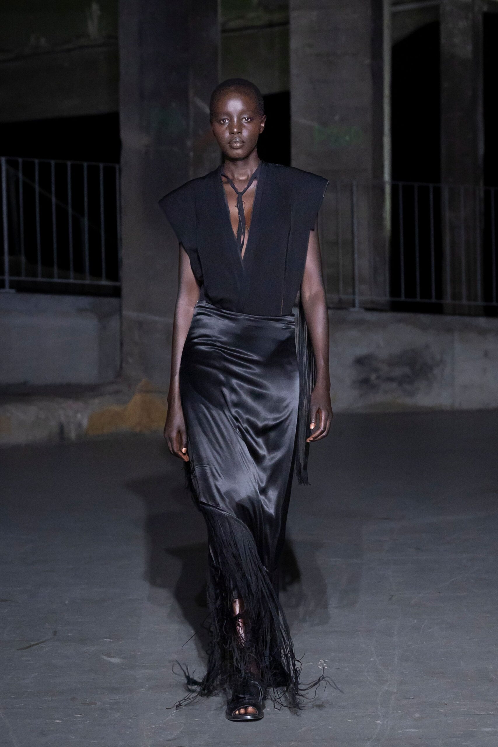 black silk sleeveless v-neck fitted fringed draped dress