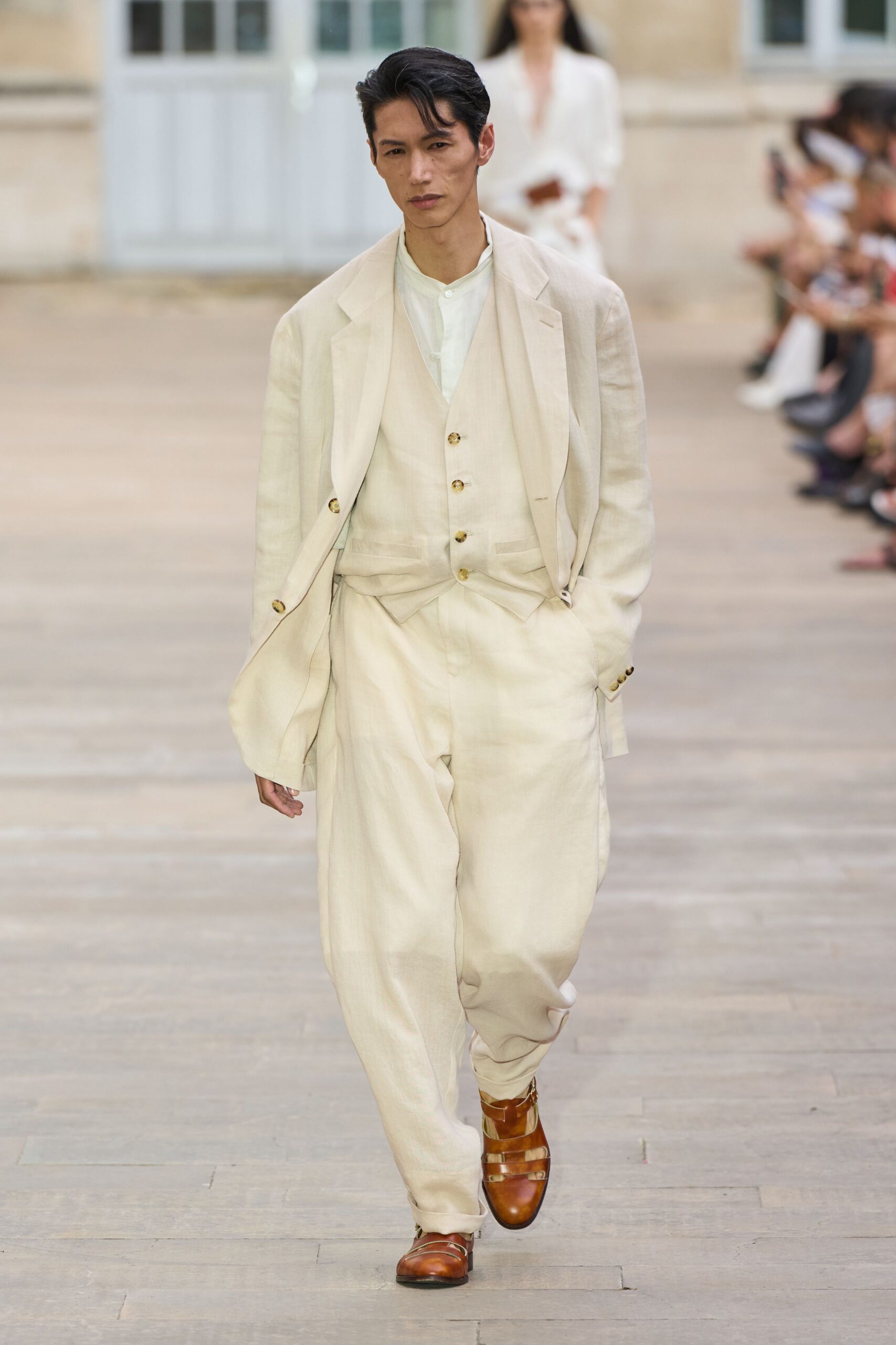 beige linen relaxed wide-leg pants