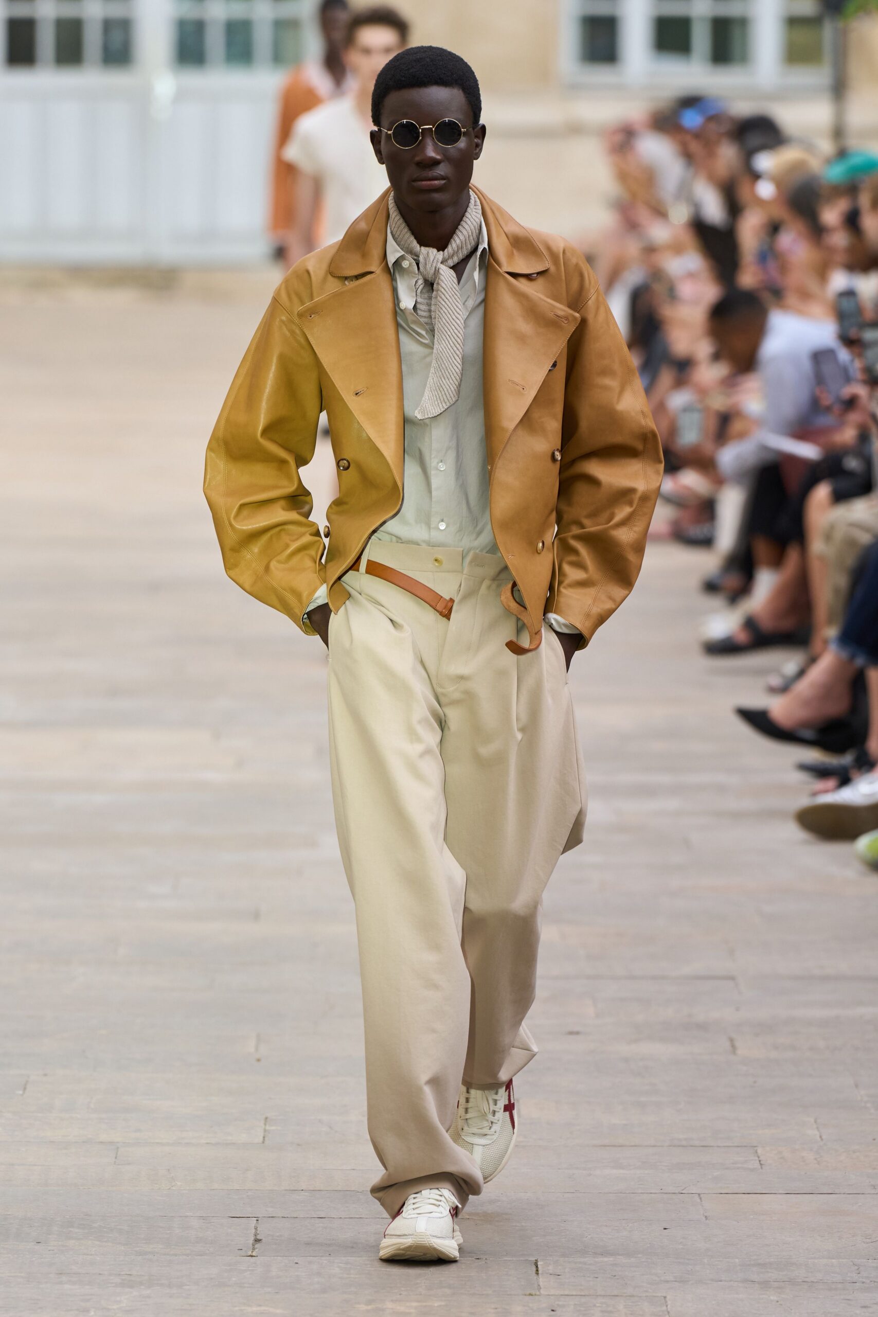 brown leather long-sleeve collared structured jacket