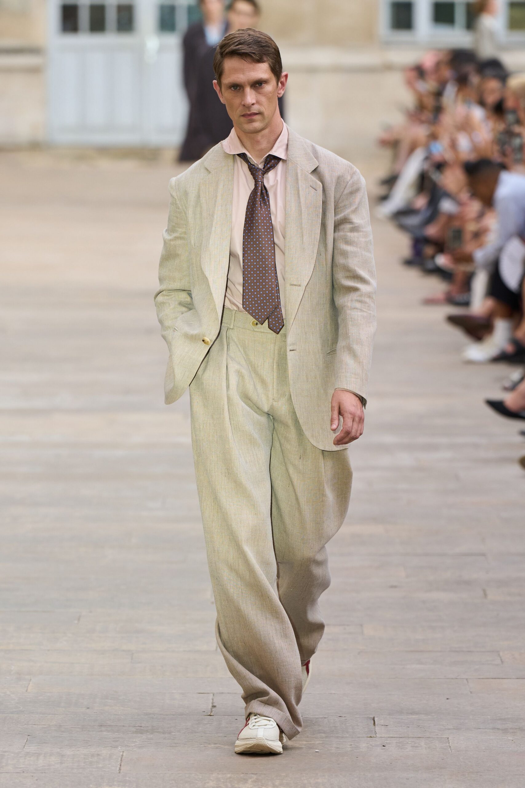 beige linen long-sleeve collared tailored buttoned suit