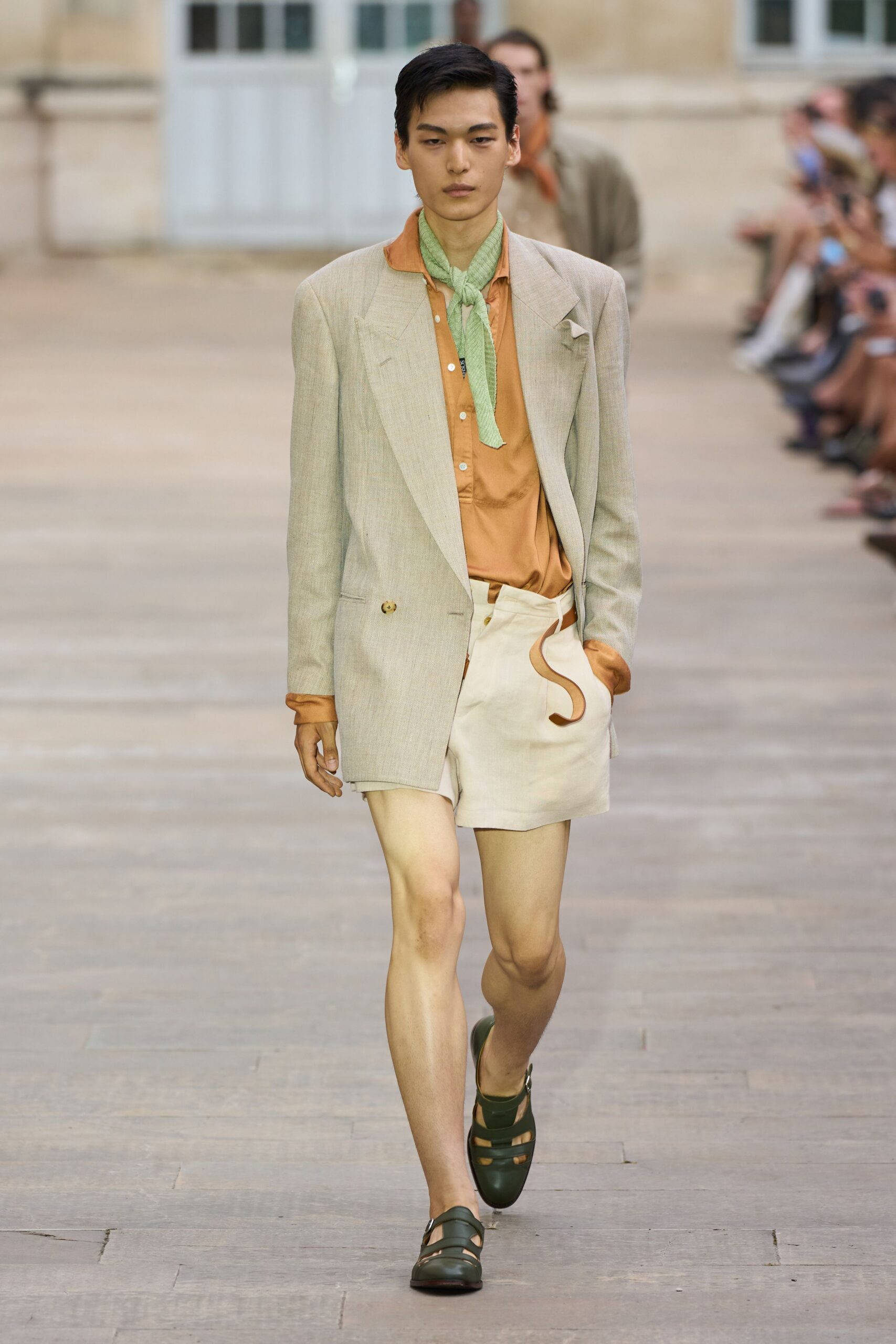 beige linen long-sleeve collared tailored buttoned blazer