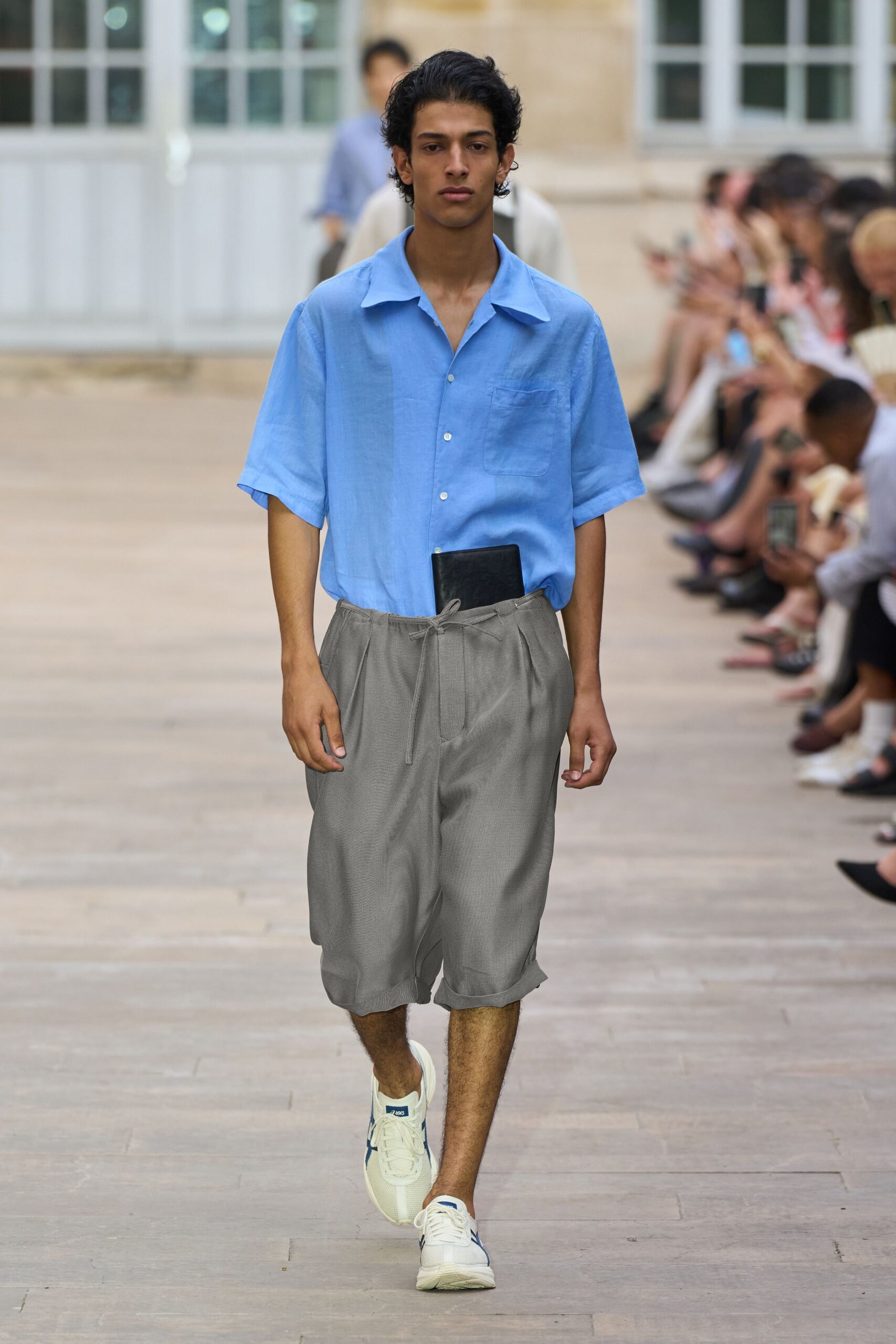 blue cotton shirt gray shorts