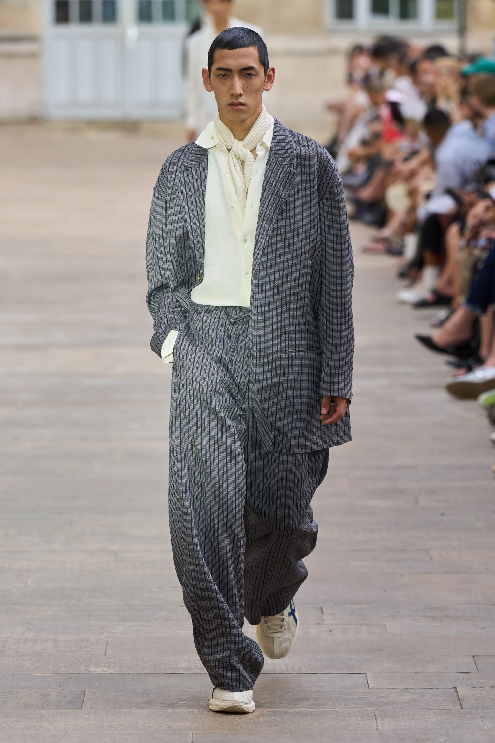 gray striped relaxed jacket with white shirt